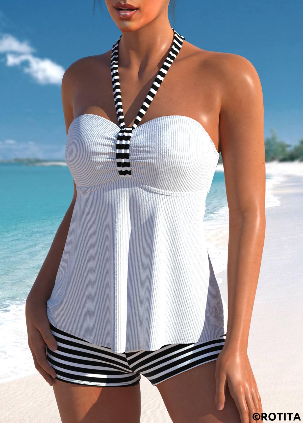 White plus size,Black plus size,Striped plus size,Geometric plus size,ROTITA Plus Size High Waisted Tie Striped Tankini Set