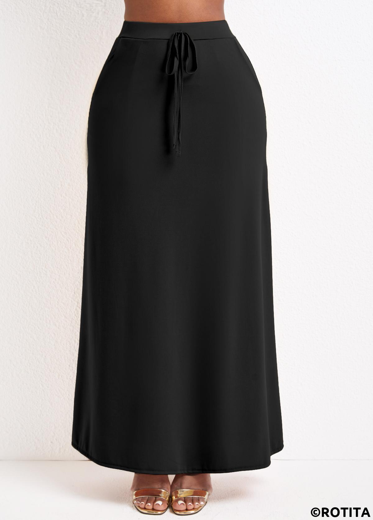 Black bottoms,Plain Color bottoms,Pocket Black Drawastring A Line Maxi Skirt