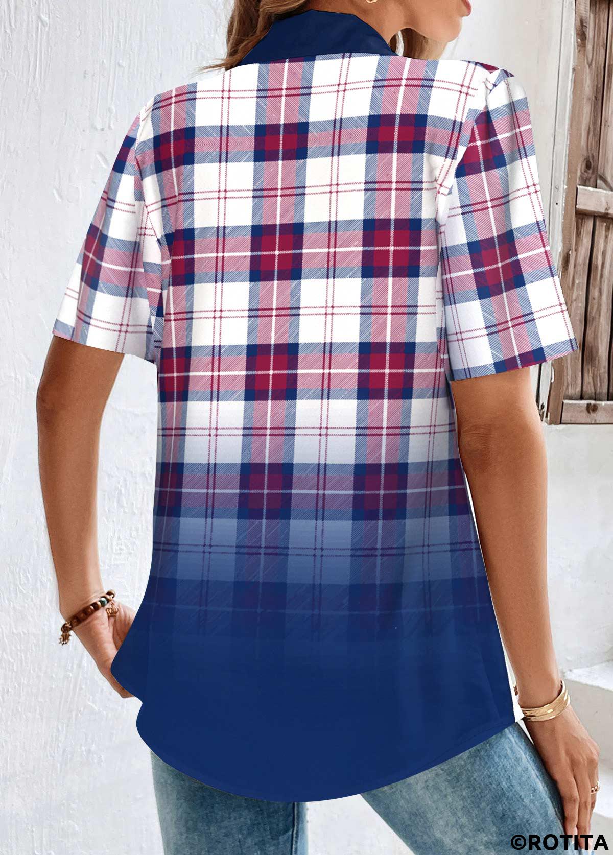 Multi Color tops,Plaid tops,Striped tops,Geometric tops,Ombre tops,ROTITA Button Plaid Multi Color Split Neck Short Sleeve Blouse