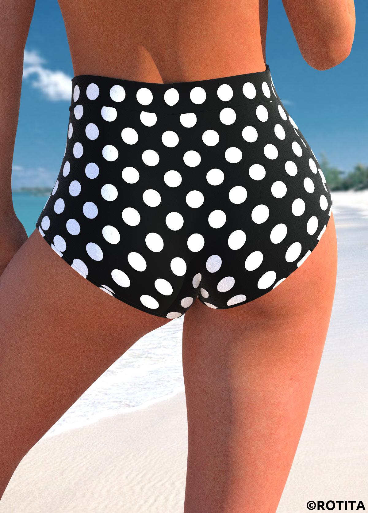 Black swimwear,Dot swimwear,ROTITA Black Polka Dot High Waisted Bikini Bottom
