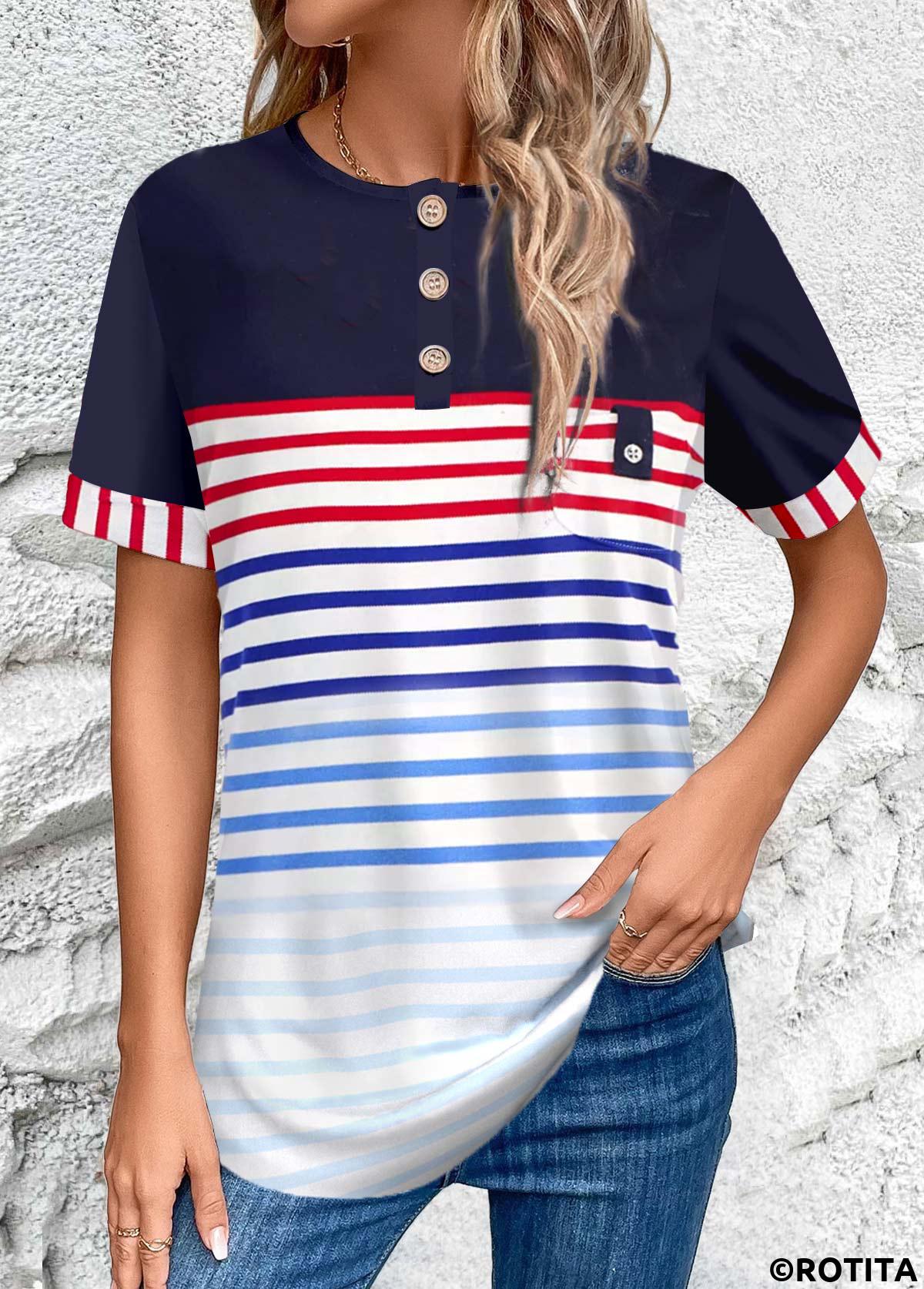 Multi Color tops,Rainbow Color tops,Striped tops,Geometric tops,ROTITA Button Striped Multi Color Round Neck Short Sleeve Blouse