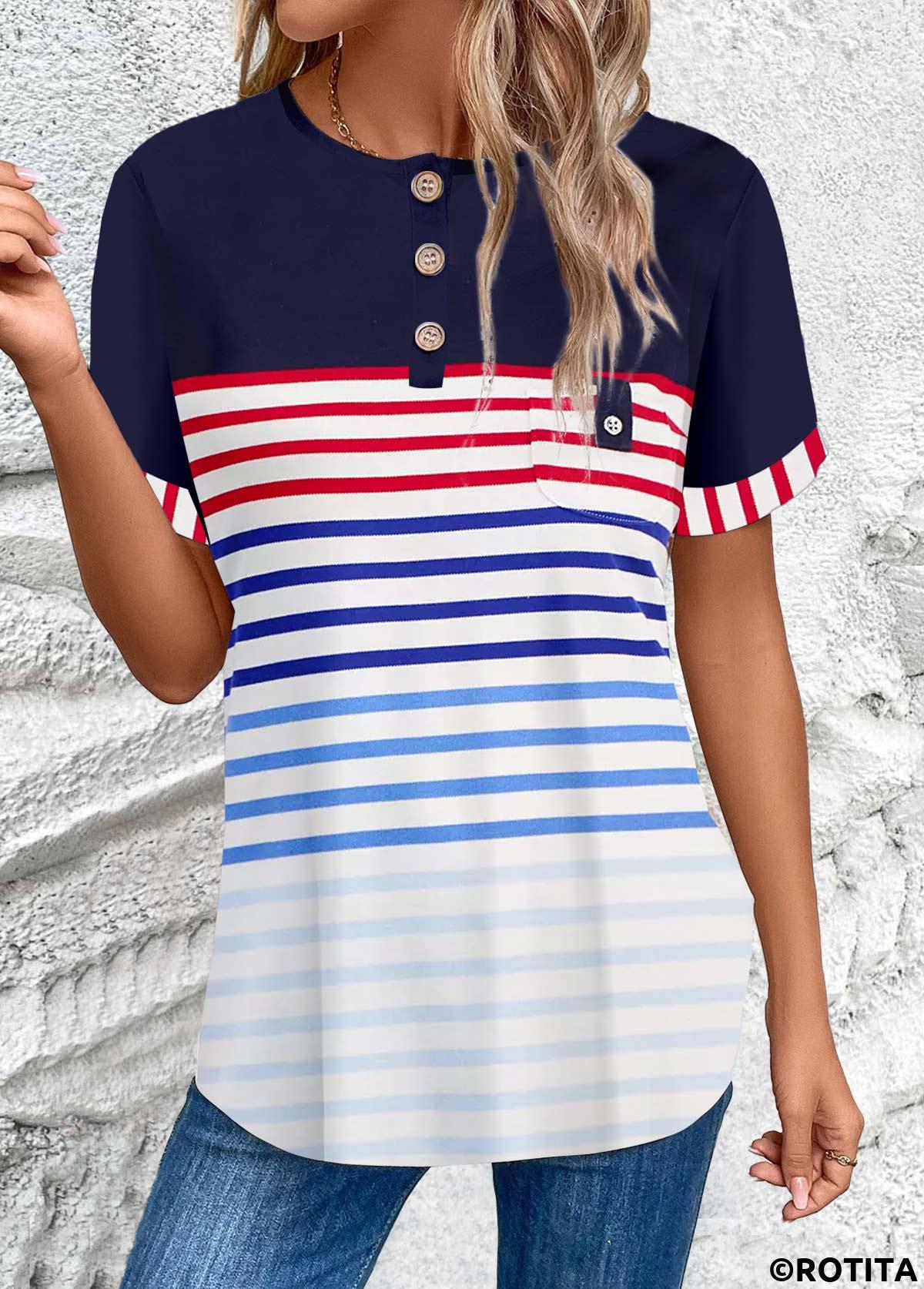 Multi Color tops,Rainbow Color tops,Striped tops,Geometric tops,ROTITA Button Striped Multi Color Round Neck Short Sleeve Blouse