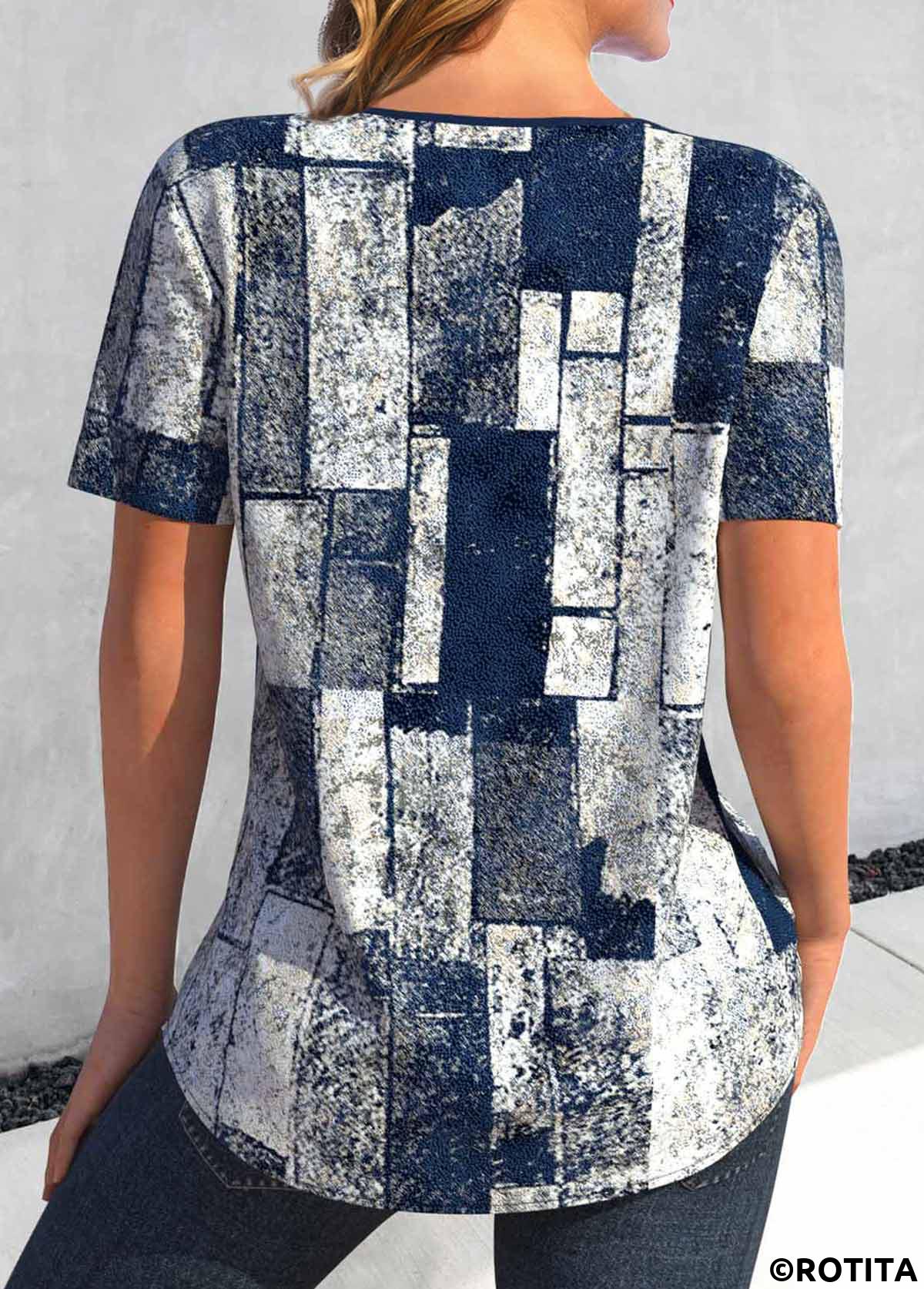 Navy tops,Geometric tops,Plaid tops,Striped tops,ROTITA Lace Up Geometric Print Navy Short Sleeve Blouse