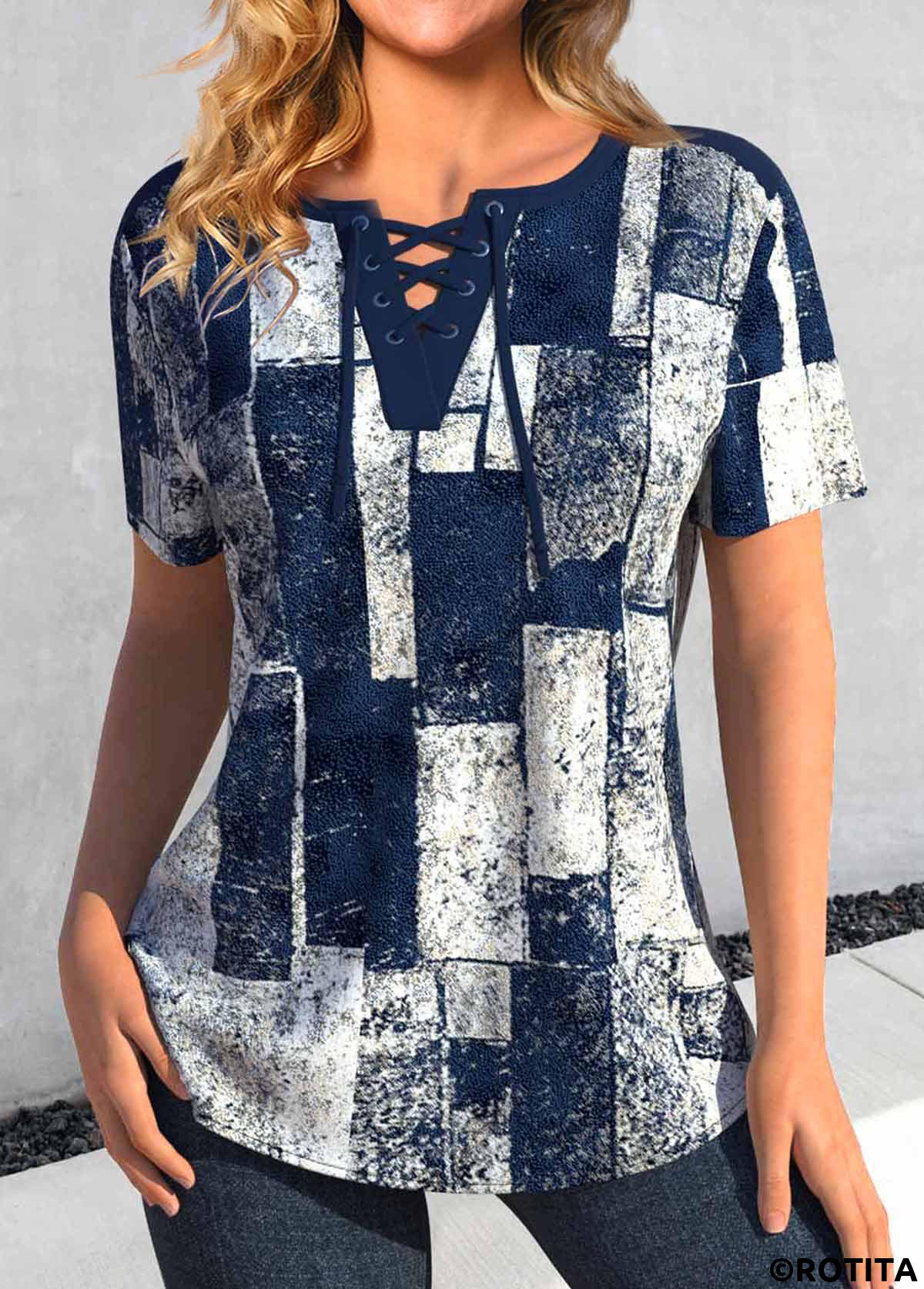 Navy tops,Geometric tops,Plaid tops,Striped tops,ROTITA Lace Up Geometric Print Navy Short Sleeve Blouse