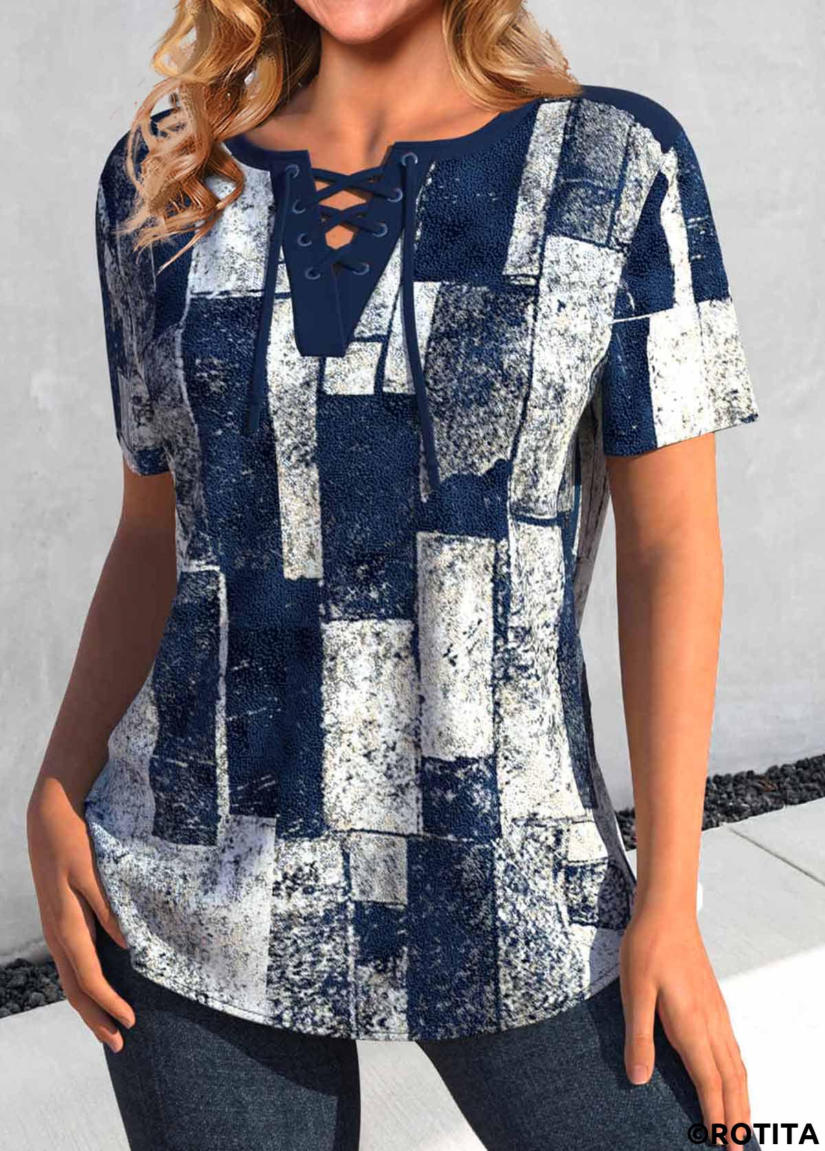 Navy tops,Geometric tops,Plaid tops,Striped tops,ROTITA Lace Up Geometric Print Navy Short Sleeve Blouse