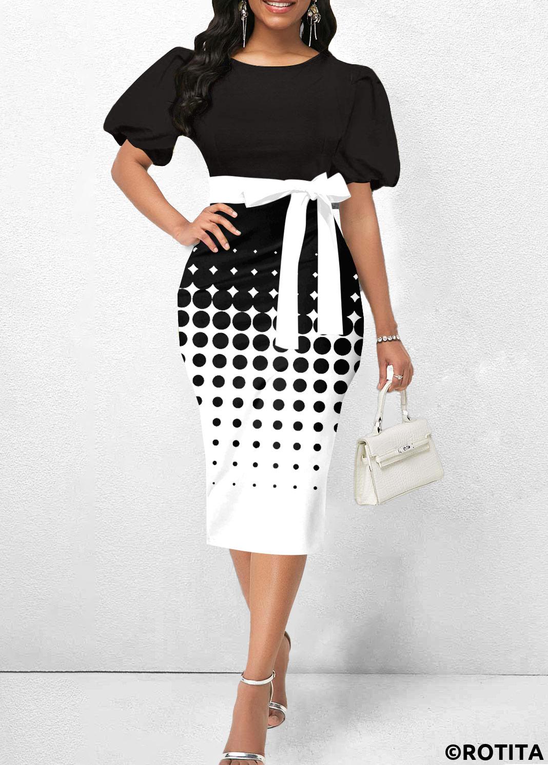 Black dresses,White dresses,Dot dresses,Party dresses,Elegant dresses,ROTITA Polka Dot Black Belted Round Neck Bodycon Dress