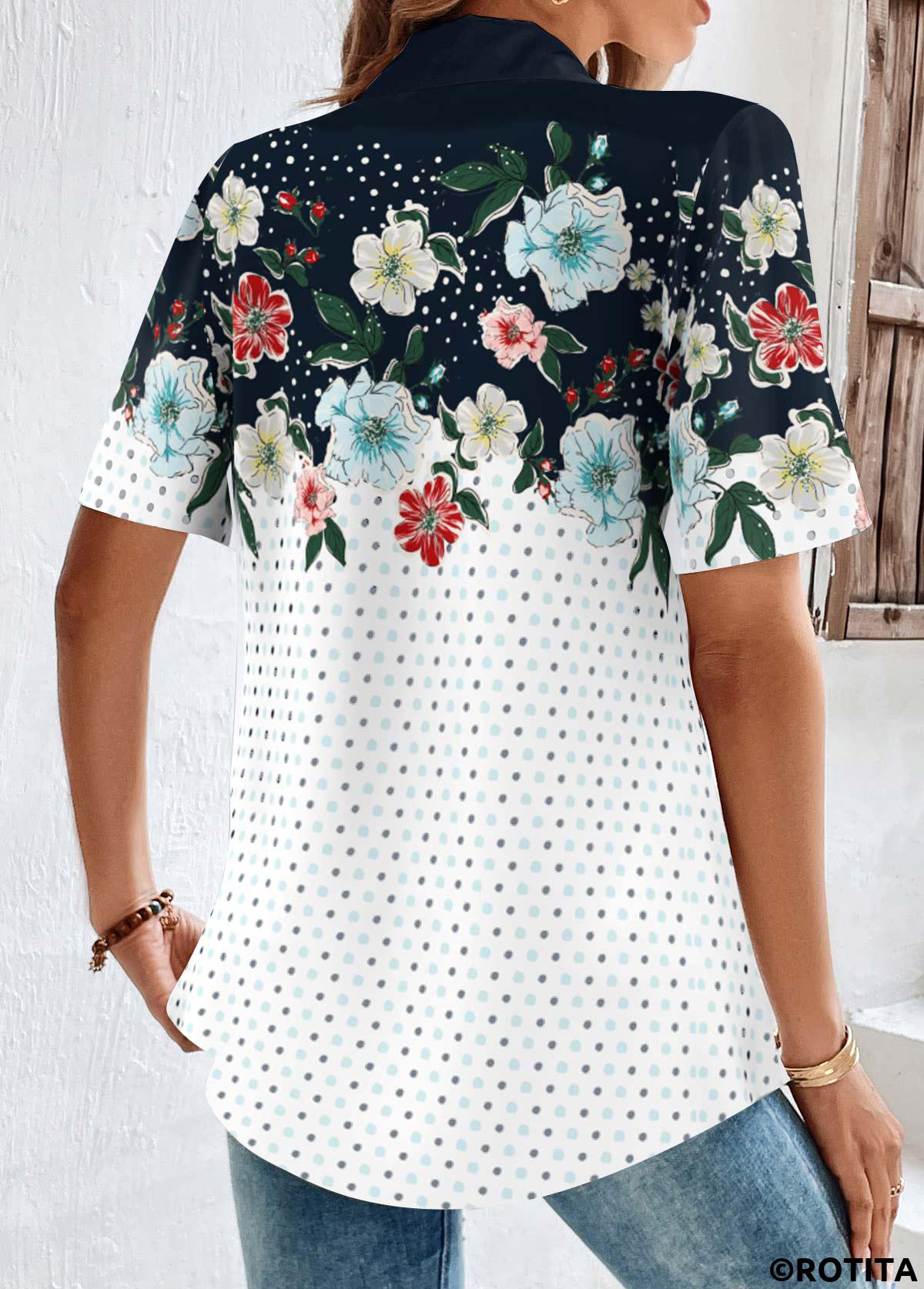 Navy tops,White tops,Floral tops,Plants tops,Dot tops,ROTITA Button Floral Print Navy Shirt Collar Short Sleeve Blouse