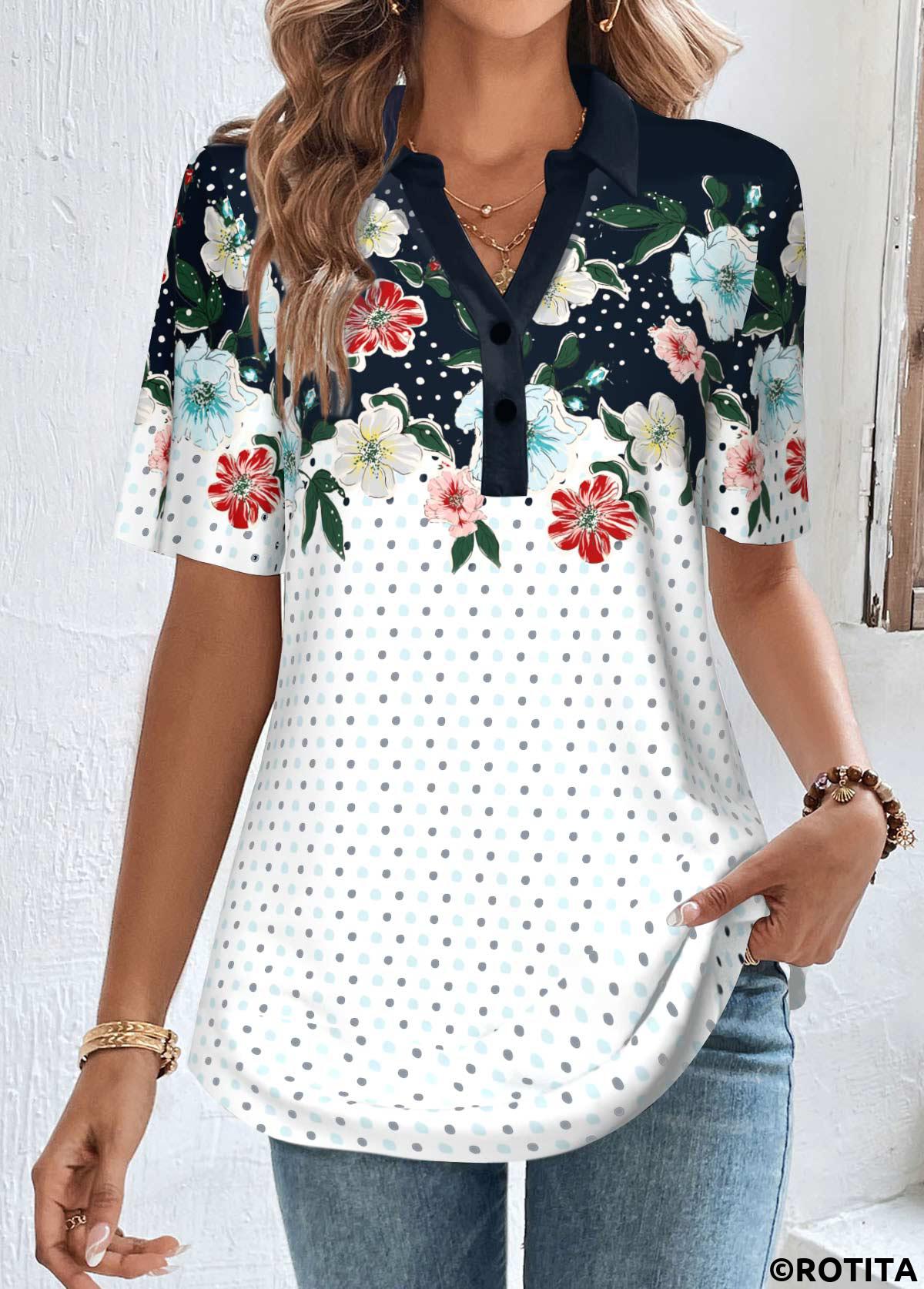 Navy tops,White tops,Floral tops,Plants tops,Dot tops,ROTITA Button Floral Print Navy Shirt Collar Short Sleeve Blouse