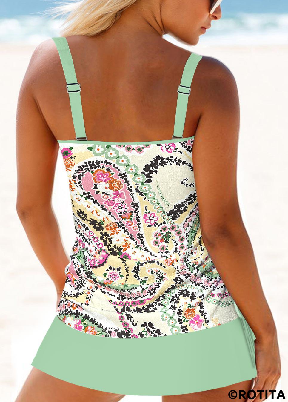 Light Green swimwear,Paisley swimwear,ROTITA Circular Ring Light Green Paisley Print Tankini Set