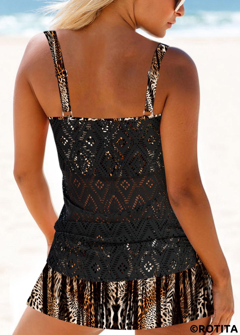 Black swimwear,Leopard swimwear,Animal Print swimwear,ROTITA Patchwork Black Leopard Mid Waisted Tankini Set