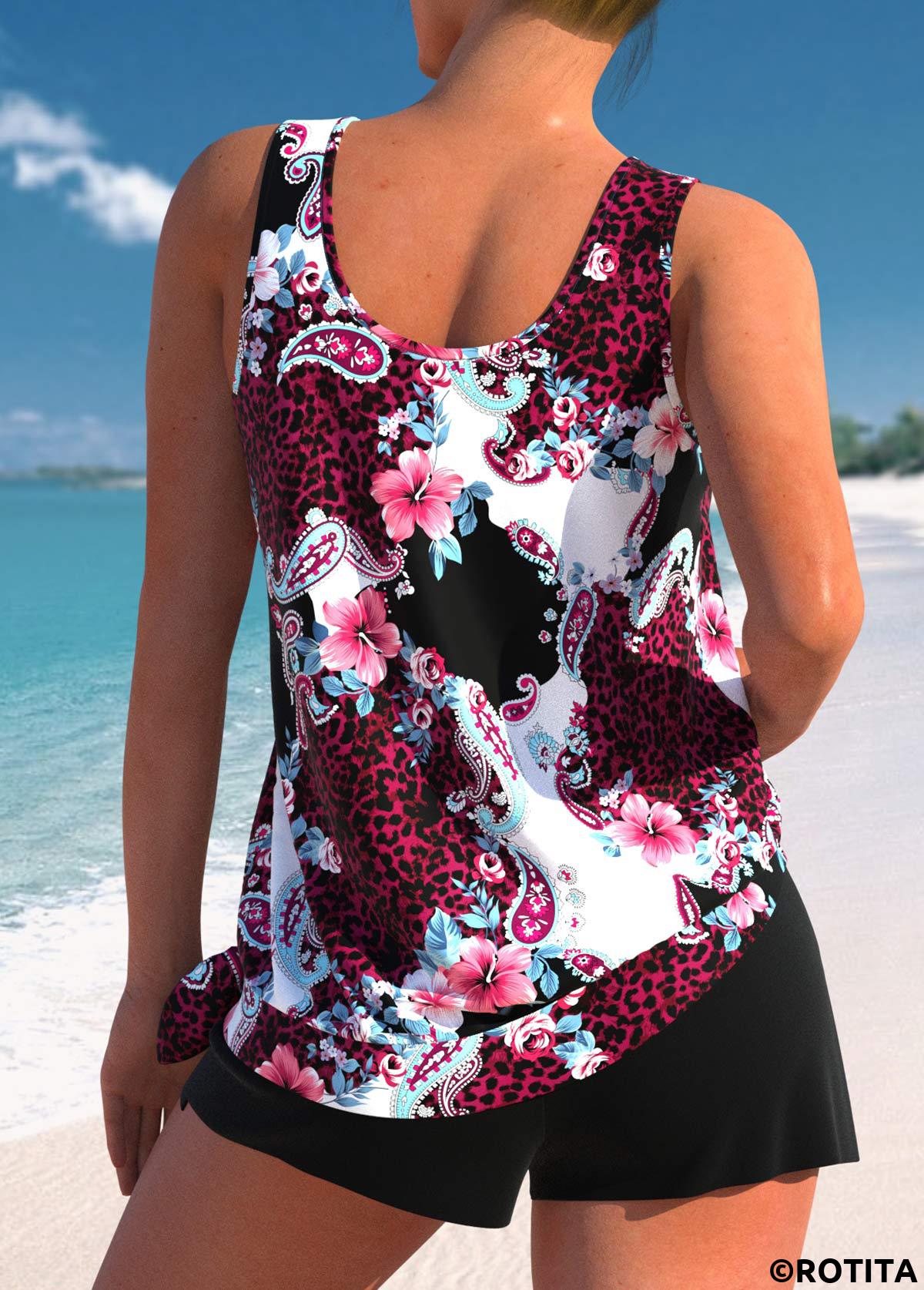 Black swimwear,Floral swimwear,Plants swimwear,ROTITA Bowknot Black Floral Print Mid Waisted Tankini Set