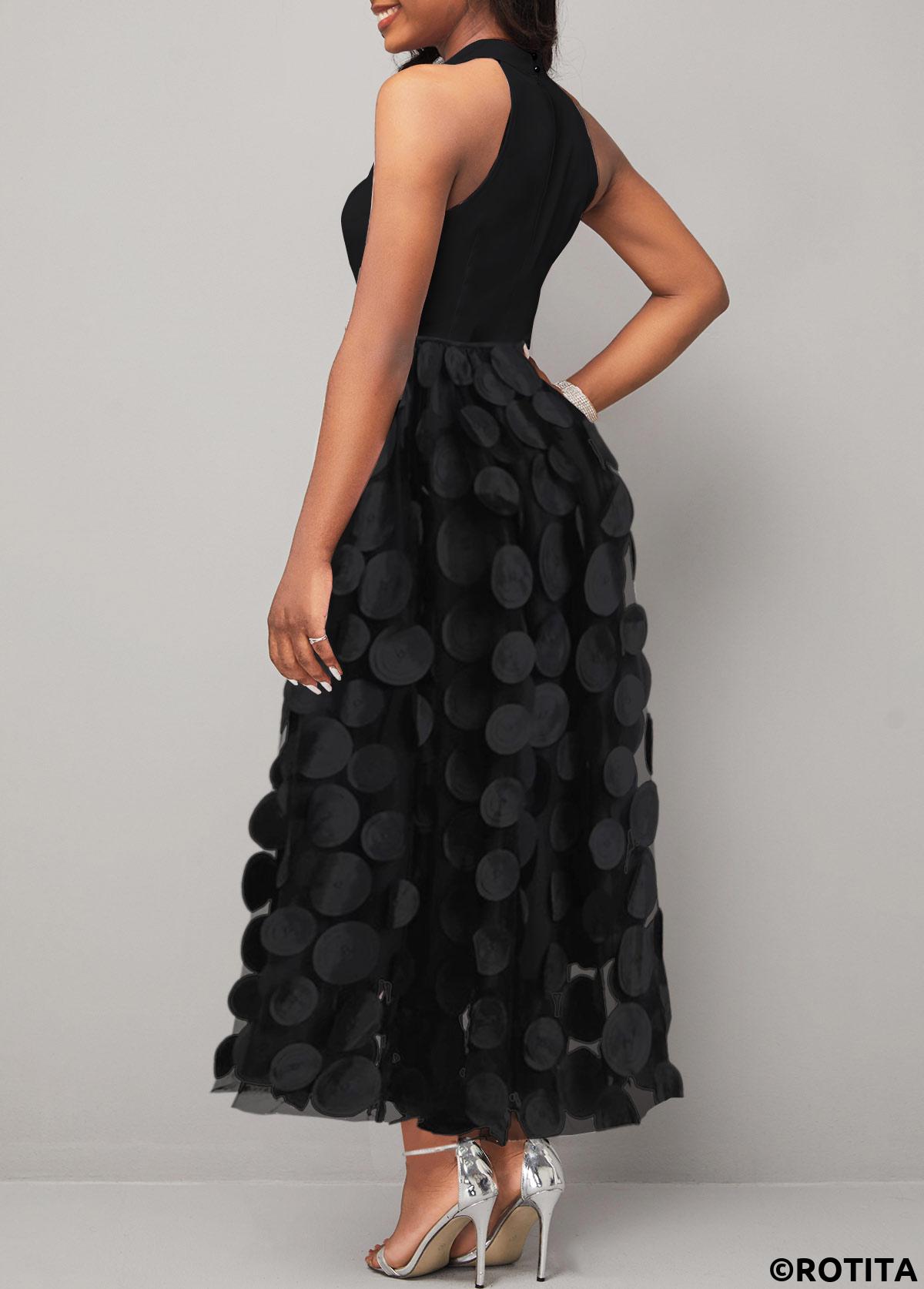Black dresses,Plain Color dresses,Party dresses,Elegant dresses,ROTITA Patchwork Black Round Neck Sleeveless Maxi Dress
