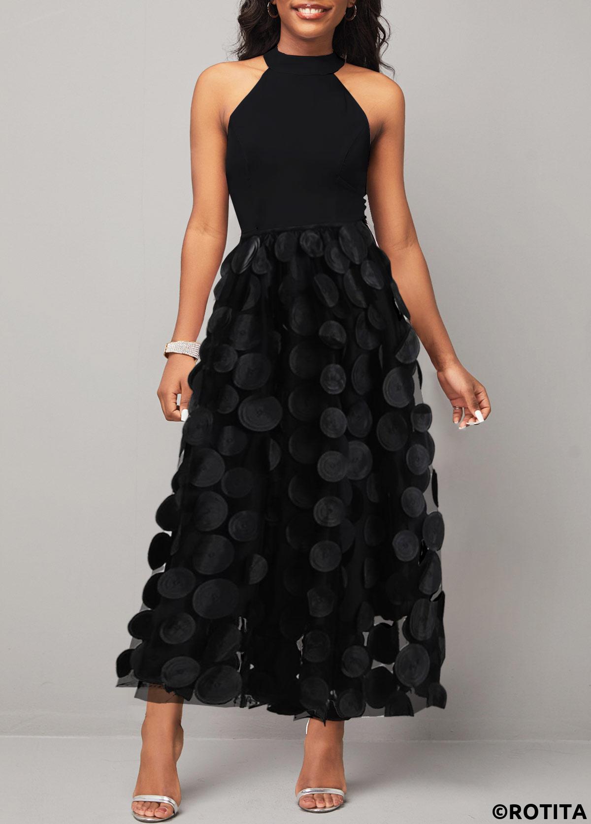 Black dresses,Plain Color dresses,Party dresses,Elegant dresses,ROTITA Patchwork Black Round Neck Sleeveless Maxi Dress