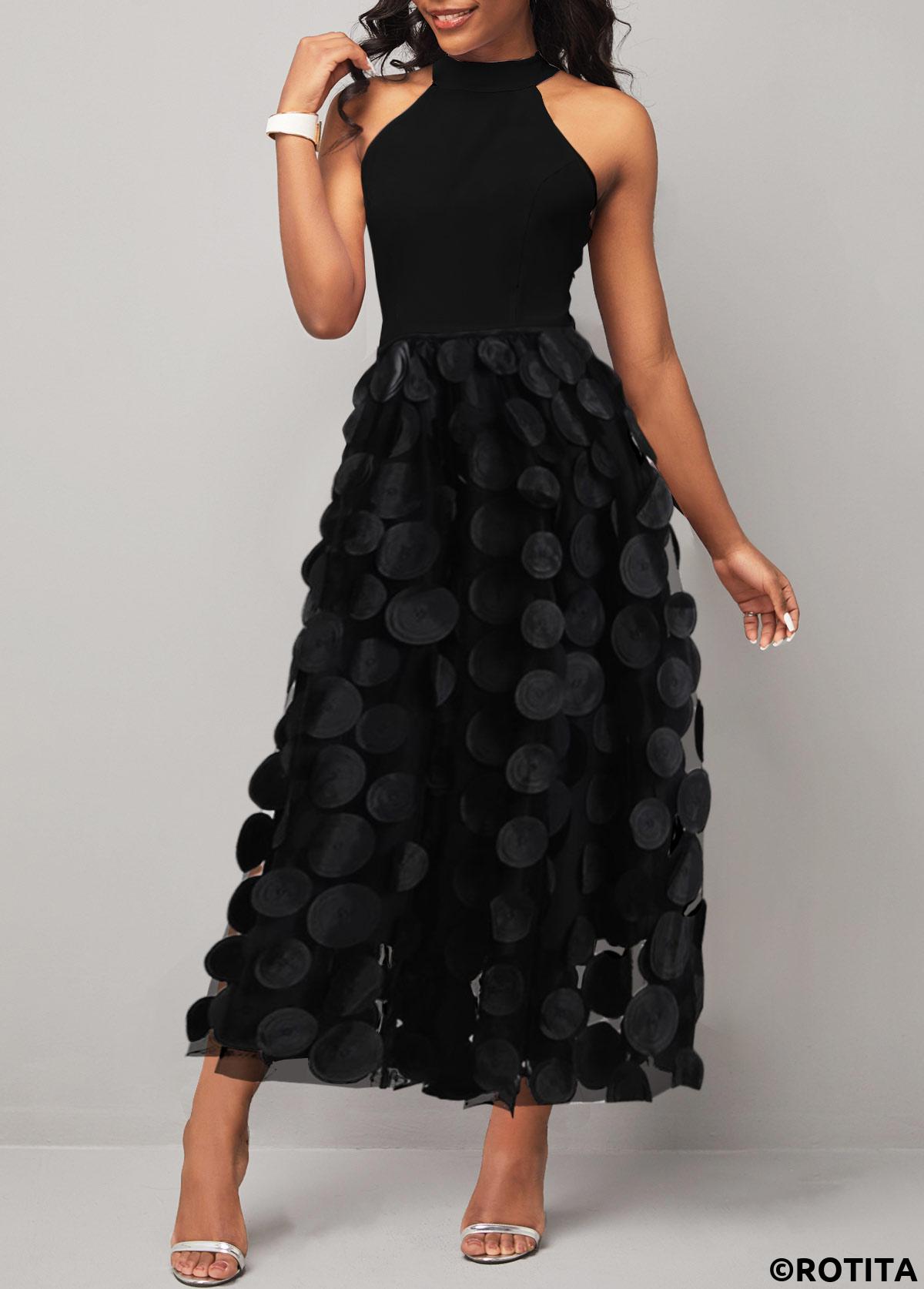 Black dresses,Plain Color dresses,Party dresses,Elegant dresses,ROTITA Patchwork Black Round Neck Sleeveless Maxi Dress