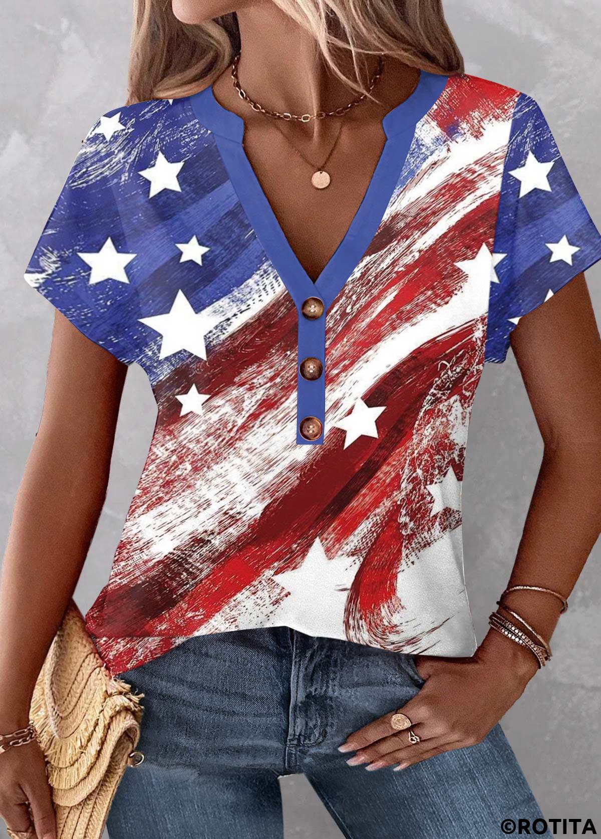 Multi Color plus size,Flag plus size,ROTITA Plus Size Button Multi Color T Shirt