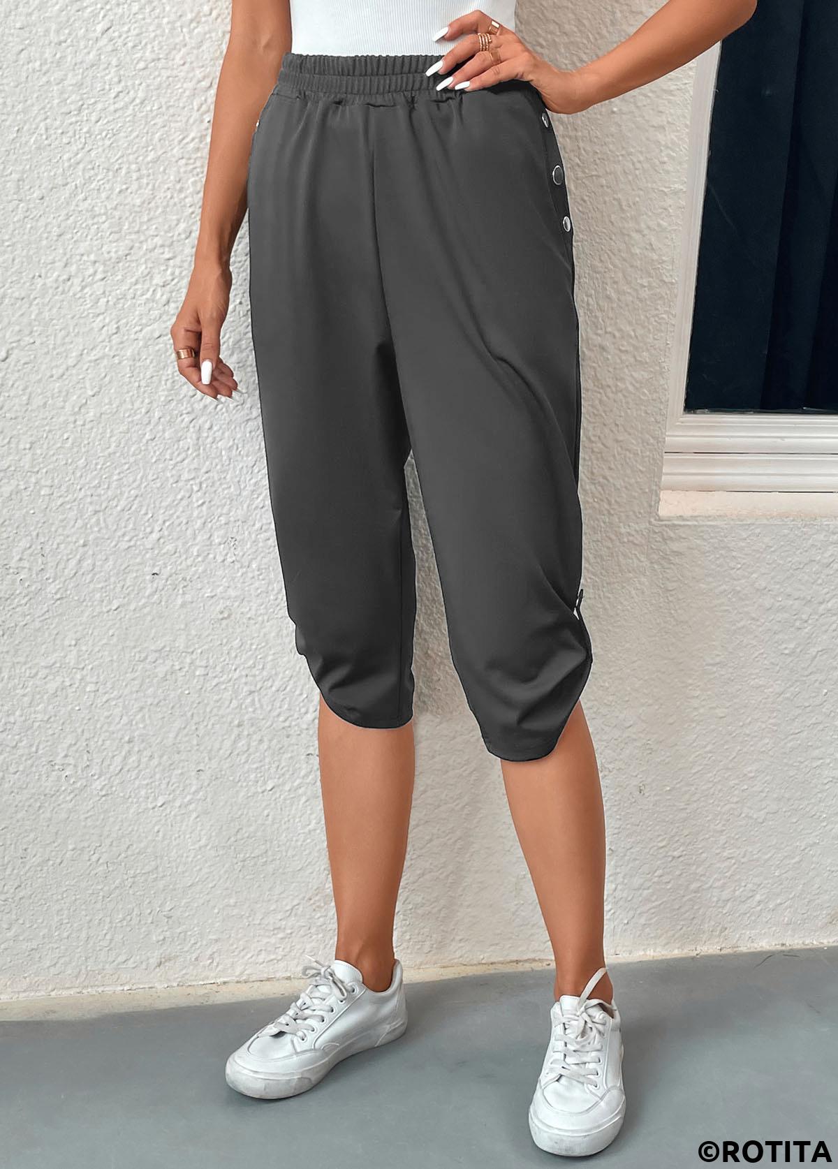 Dark Grey bottoms,Plain Color bottoms,Pocket Dark Grey Jogger Elastic Waist Pants