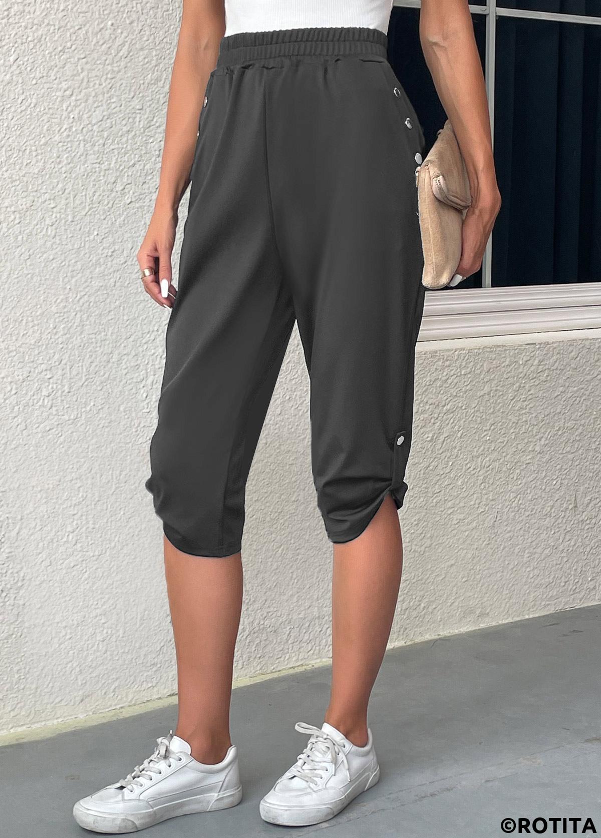 Dark Grey bottoms,Plain Color bottoms,Pocket Dark Grey Jogger Elastic Waist Pants