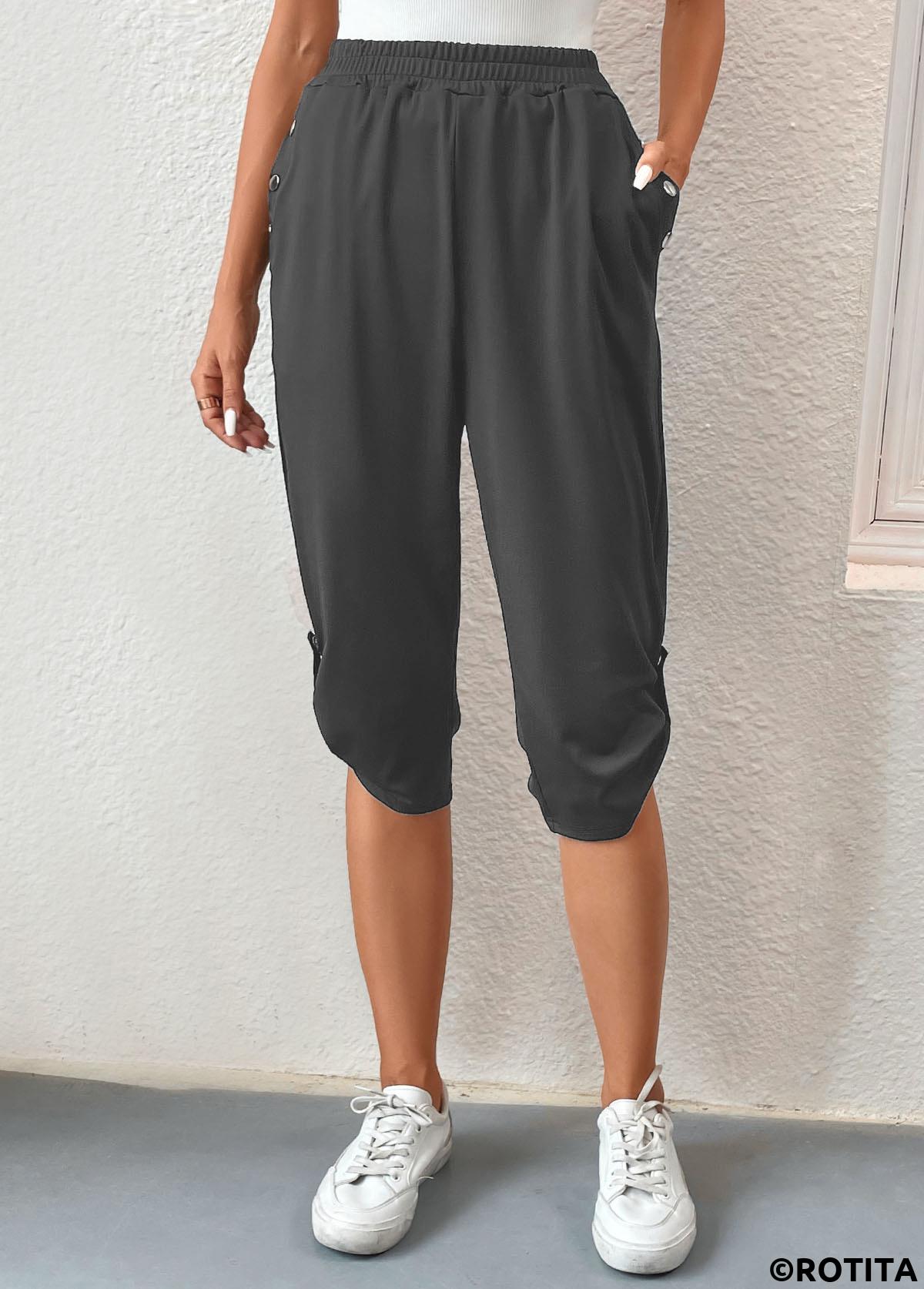 Dark Grey bottoms,Plain Color bottoms,Pocket Dark Grey Jogger Elastic Waist Pants