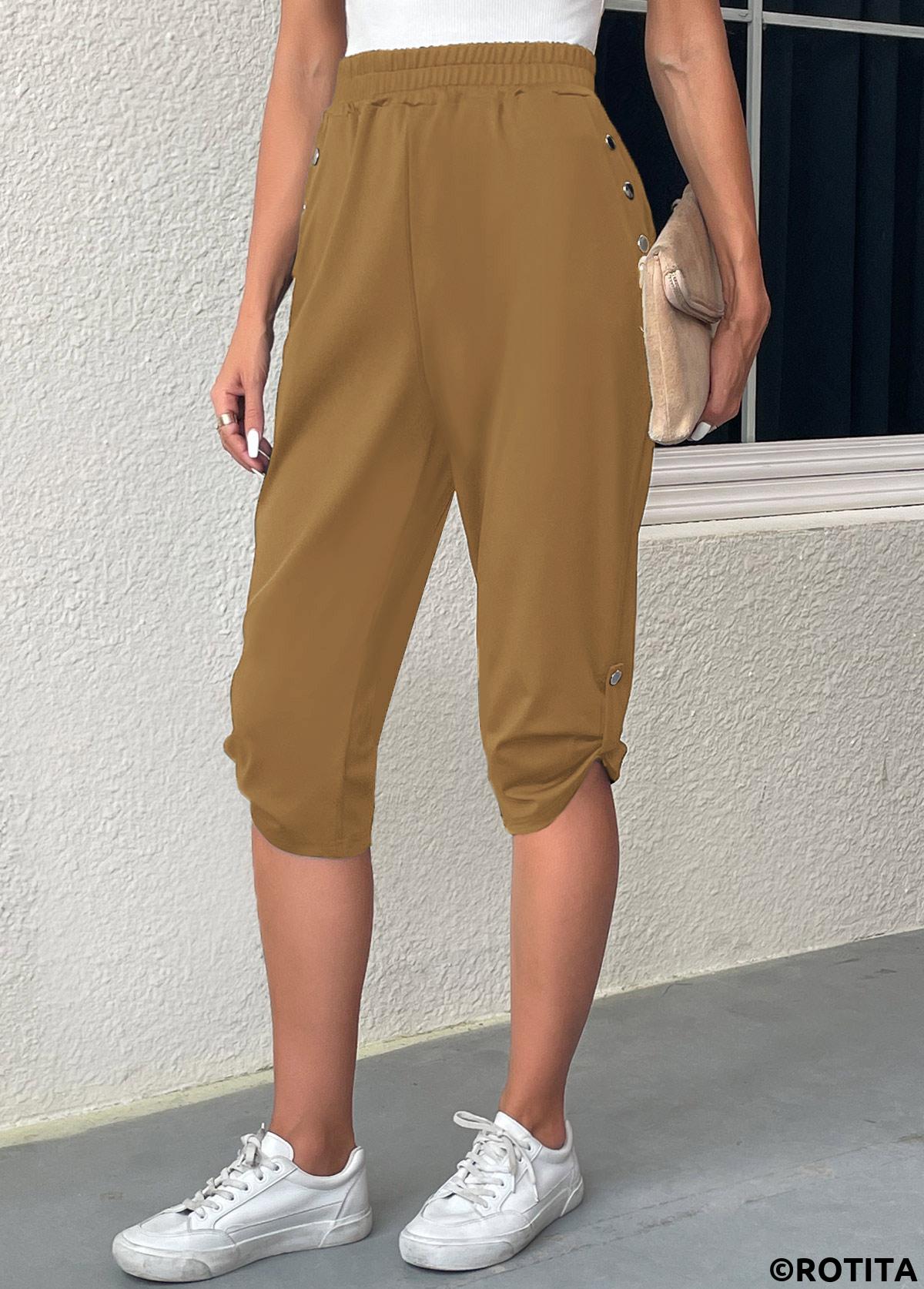 Light Camel bottoms,Plain Color bottoms,Pocket Light Camel Jogger Elastic Waist Pants