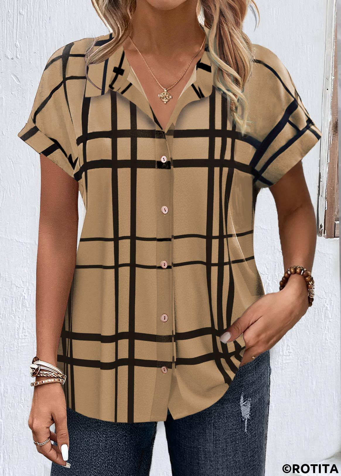 Dark Coffee tops,Plaid tops,Striped tops,Geometric tops,ROTITA Button Plaid Dark Coffee Shirt Collar Blouse
