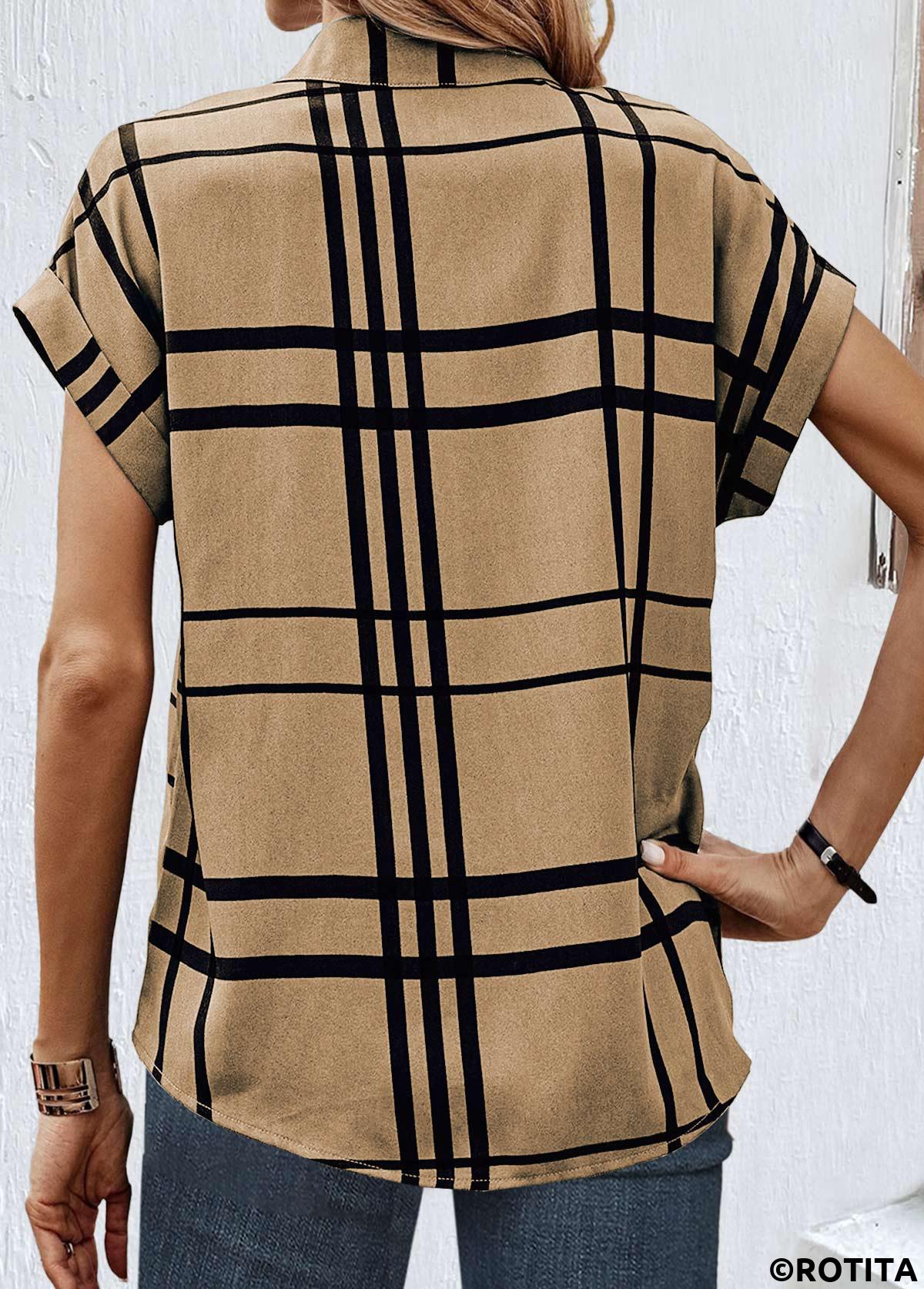 Dark Coffee tops,Plaid tops,Striped tops,Geometric tops,ROTITA Button Plaid Dark Coffee Shirt Collar Blouse