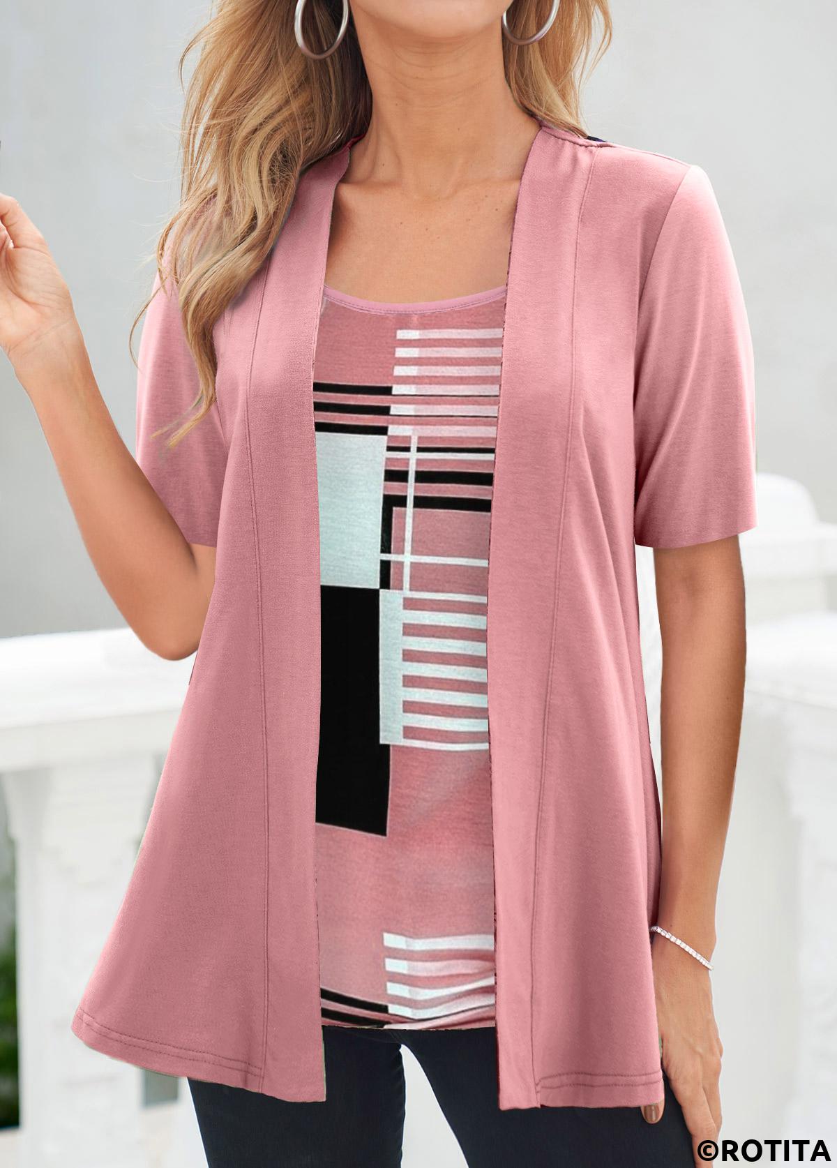 Pink tops,Geometric tops,Striped tops,ROTITA Geometric Print Pink Square Neck Fake Two Piece Twinset
