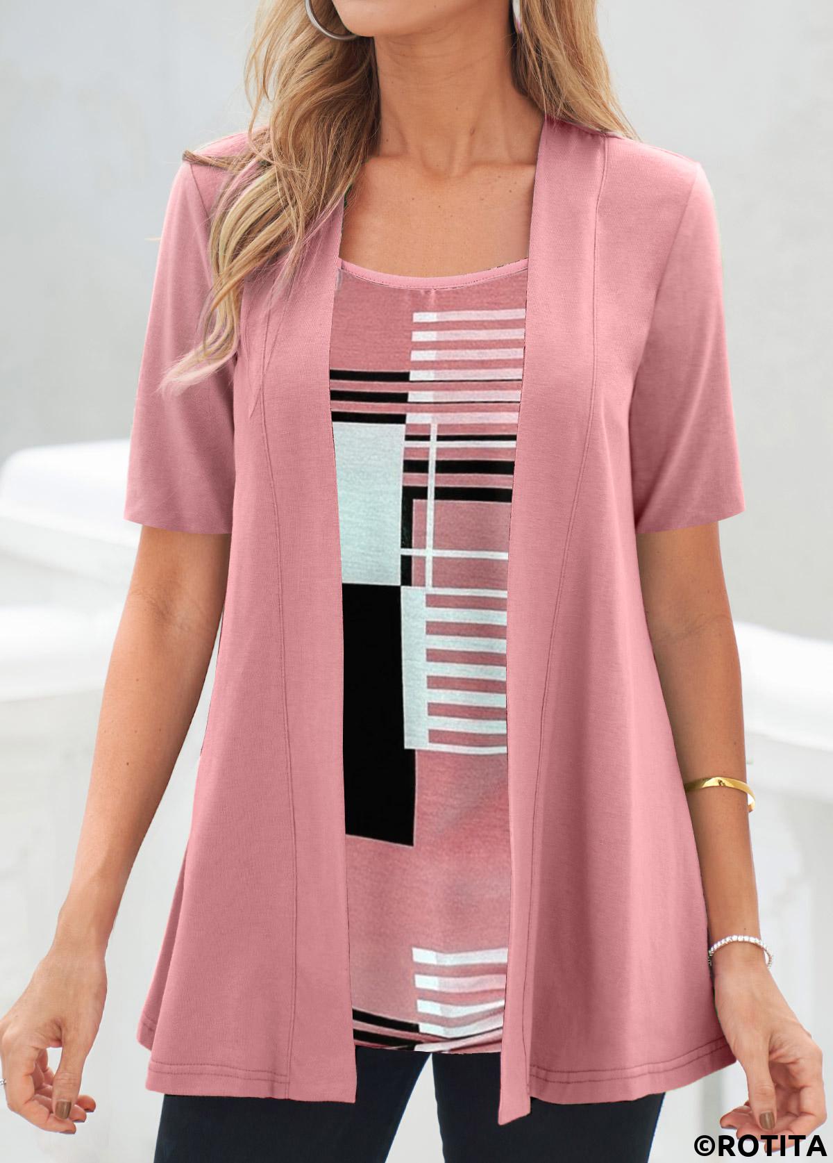 Pink tops,Geometric tops,Striped tops,ROTITA Geometric Print Pink Square Neck Fake Two Piece Twinset