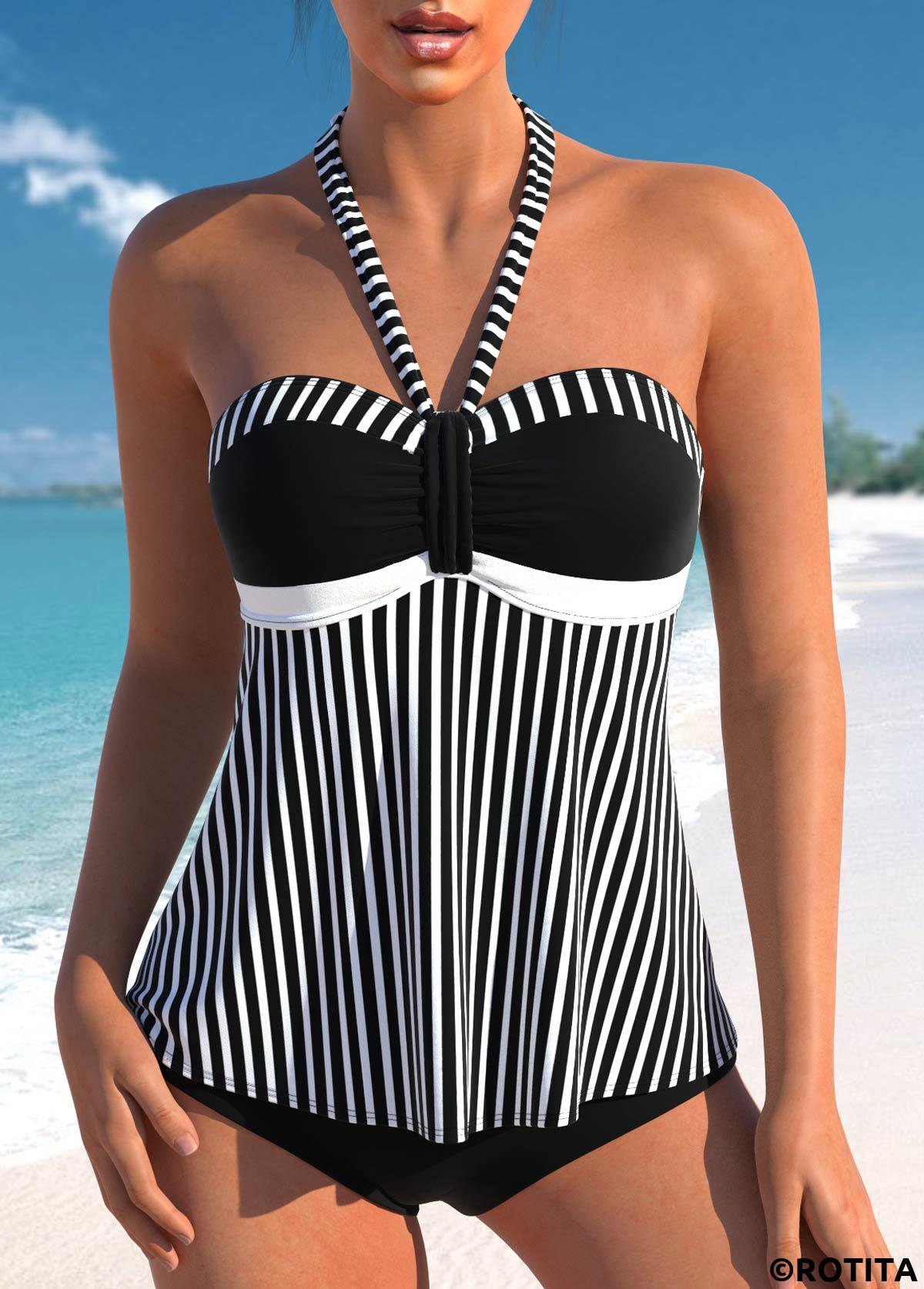 Black swimwear,Striped swimwear,Geometric swimwear,ROTITA Patchwork Ruched Black Striped Tankini Top