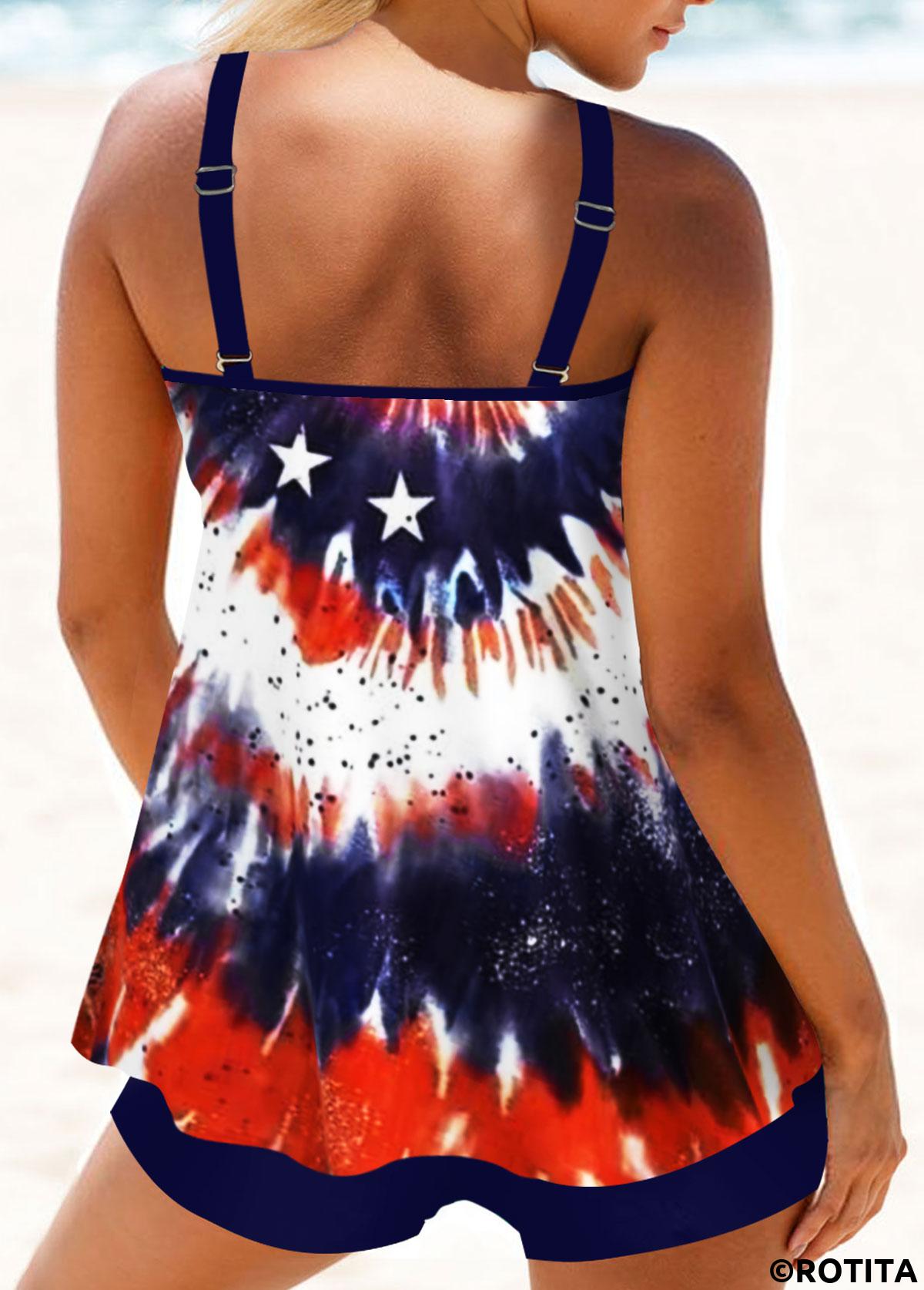 Marineblaues Tankini-Set mit Batikmuster und rundem Ring