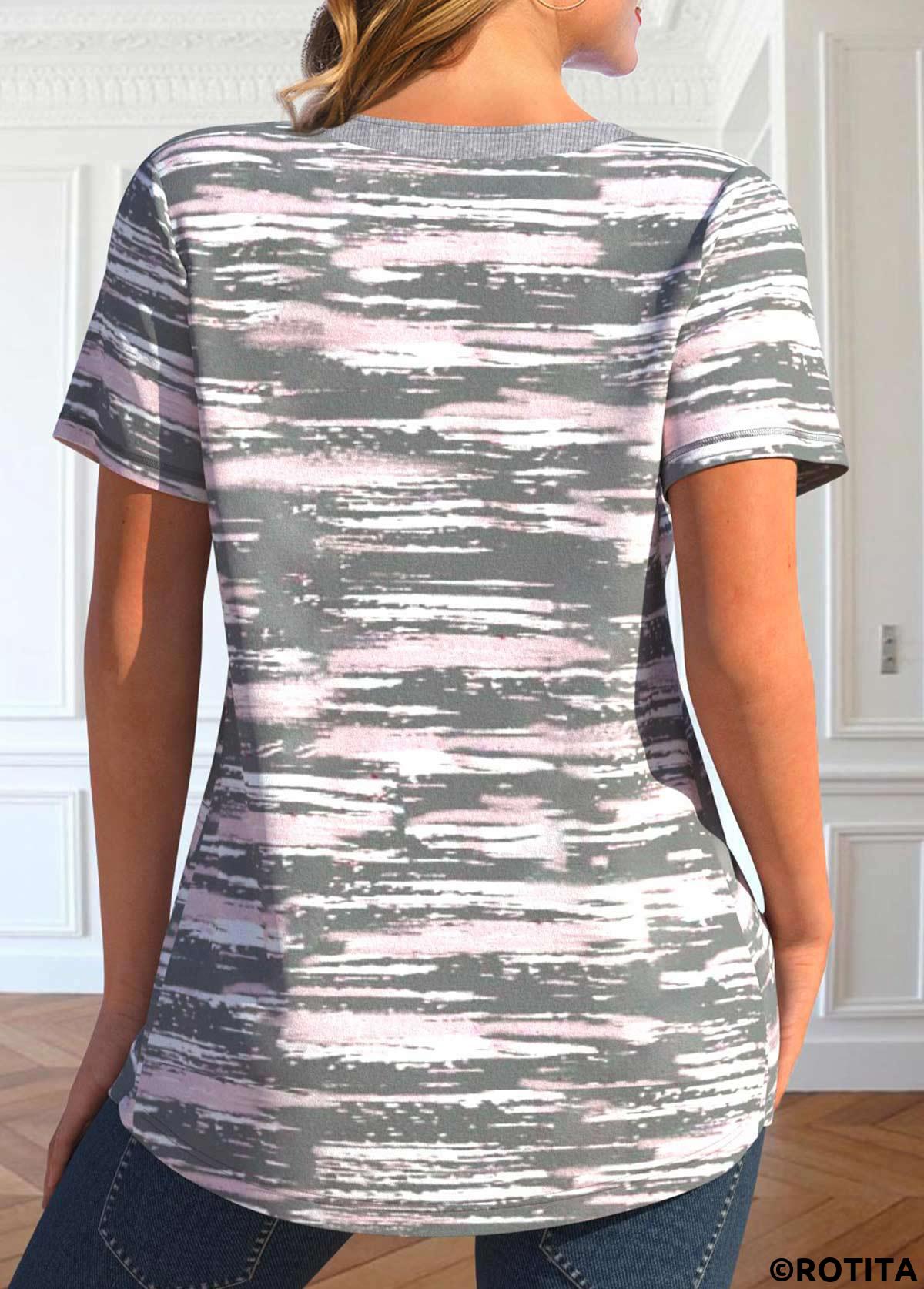 Light Grey tops,Graphic tops,ROTITA Button Graffiti Print Light Grey T Shirt