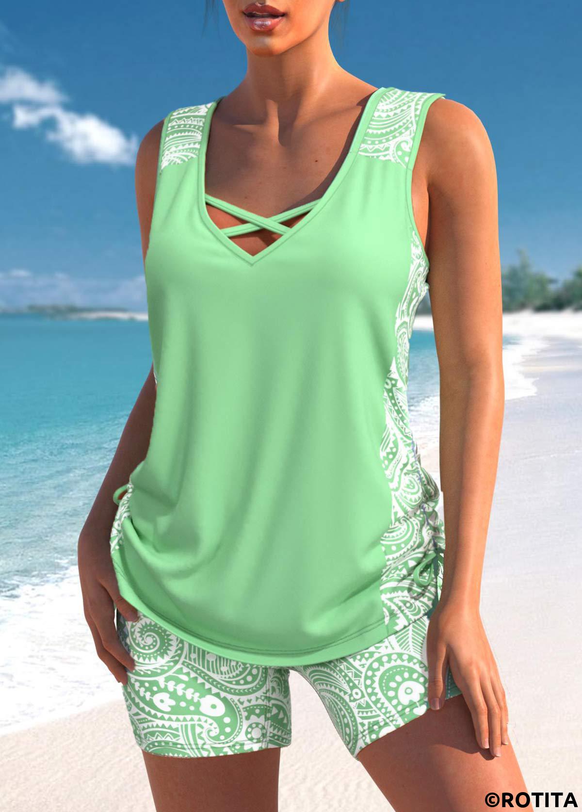Light Green swimwear,Paisley swimwear,ROTITA Drawstring Light Green Paisley Print Tankini Set
