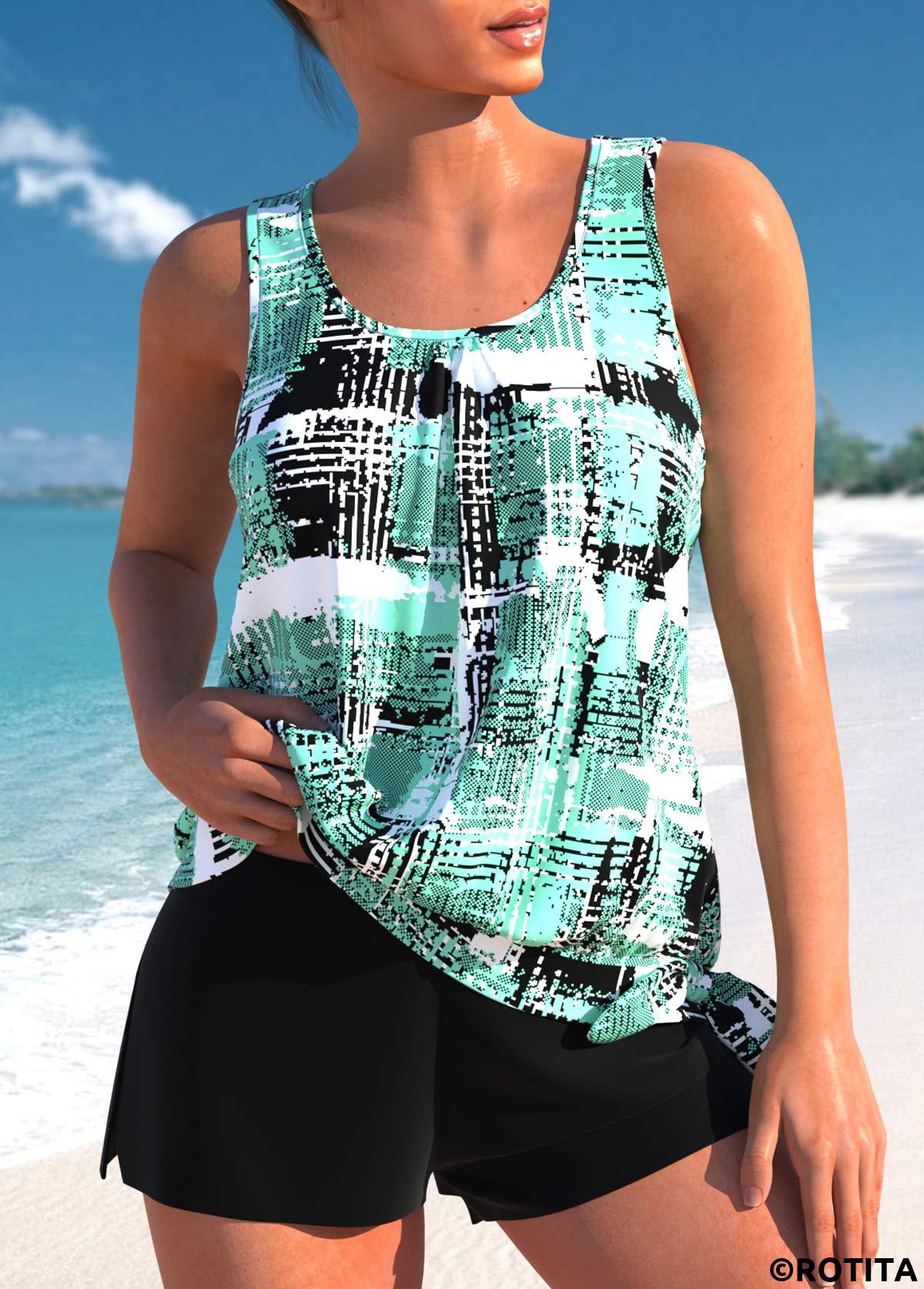 Mint Green swimwear,Black swimwear,Geometric swimwear,ROTITA Bowknot Mint Green Geometric Print Tankini Set