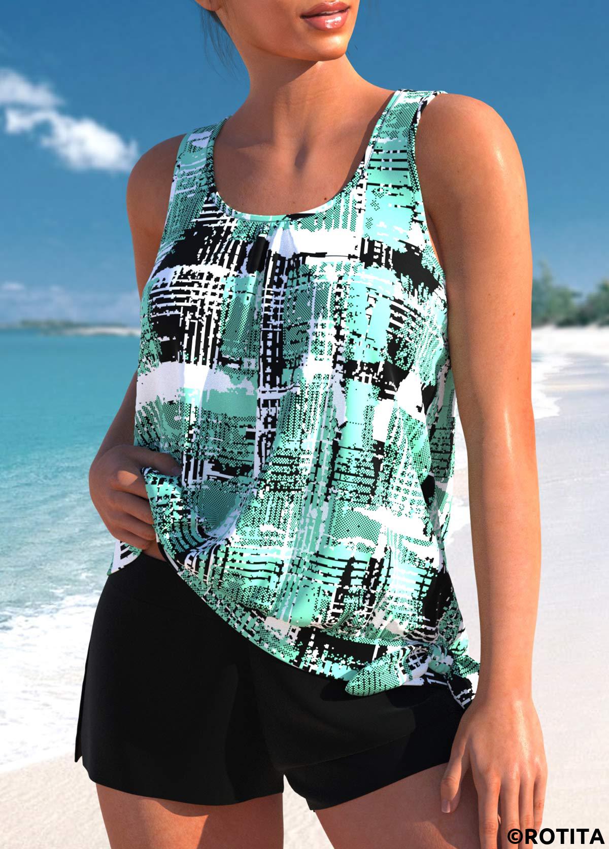 Mint Green swimwear,Black swimwear,Geometric swimwear,ROTITA Bowknot Mint Green Geometric Print Tankini Set
