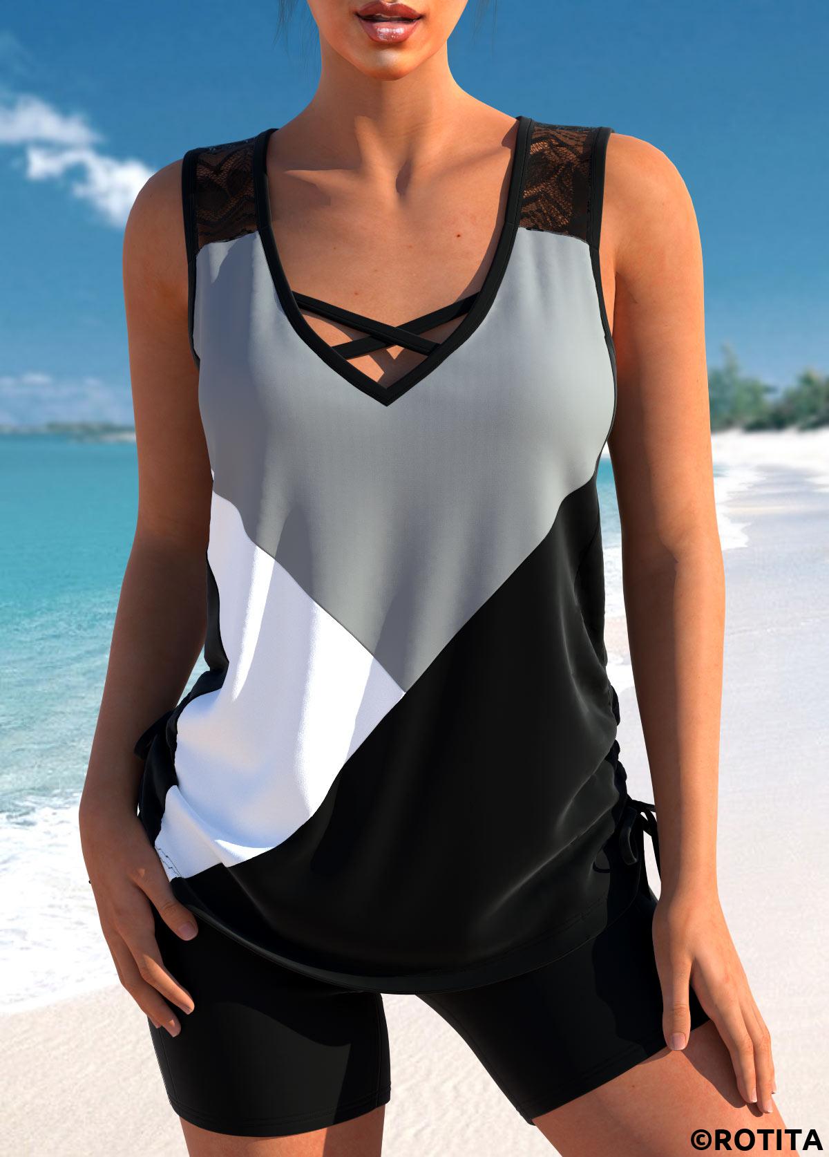 Black swimwear,Grey swimwear,Contrast Color swimwear,ROTITA Criss Cross Patchwork Black Tankini Top