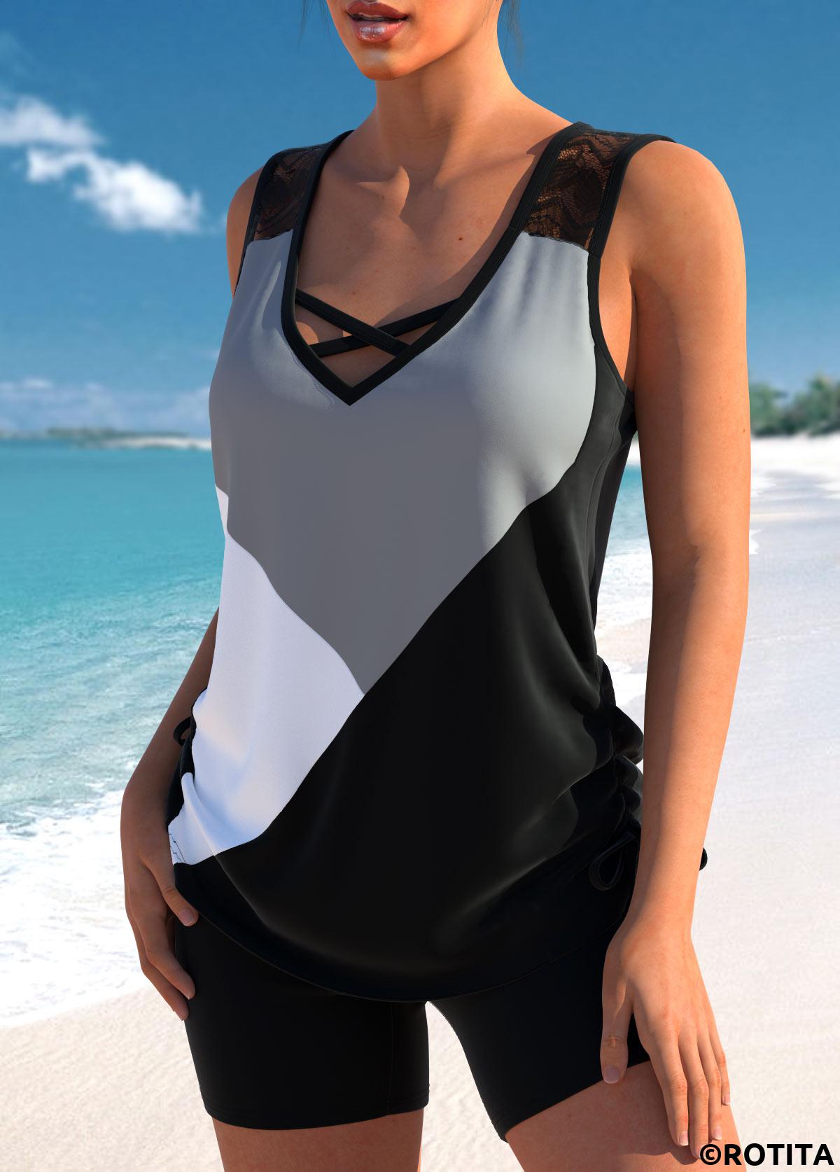 Black swimwear,Grey swimwear,Contrast Color swimwear,ROTITA Criss Cross Patchwork Black Tankini Top