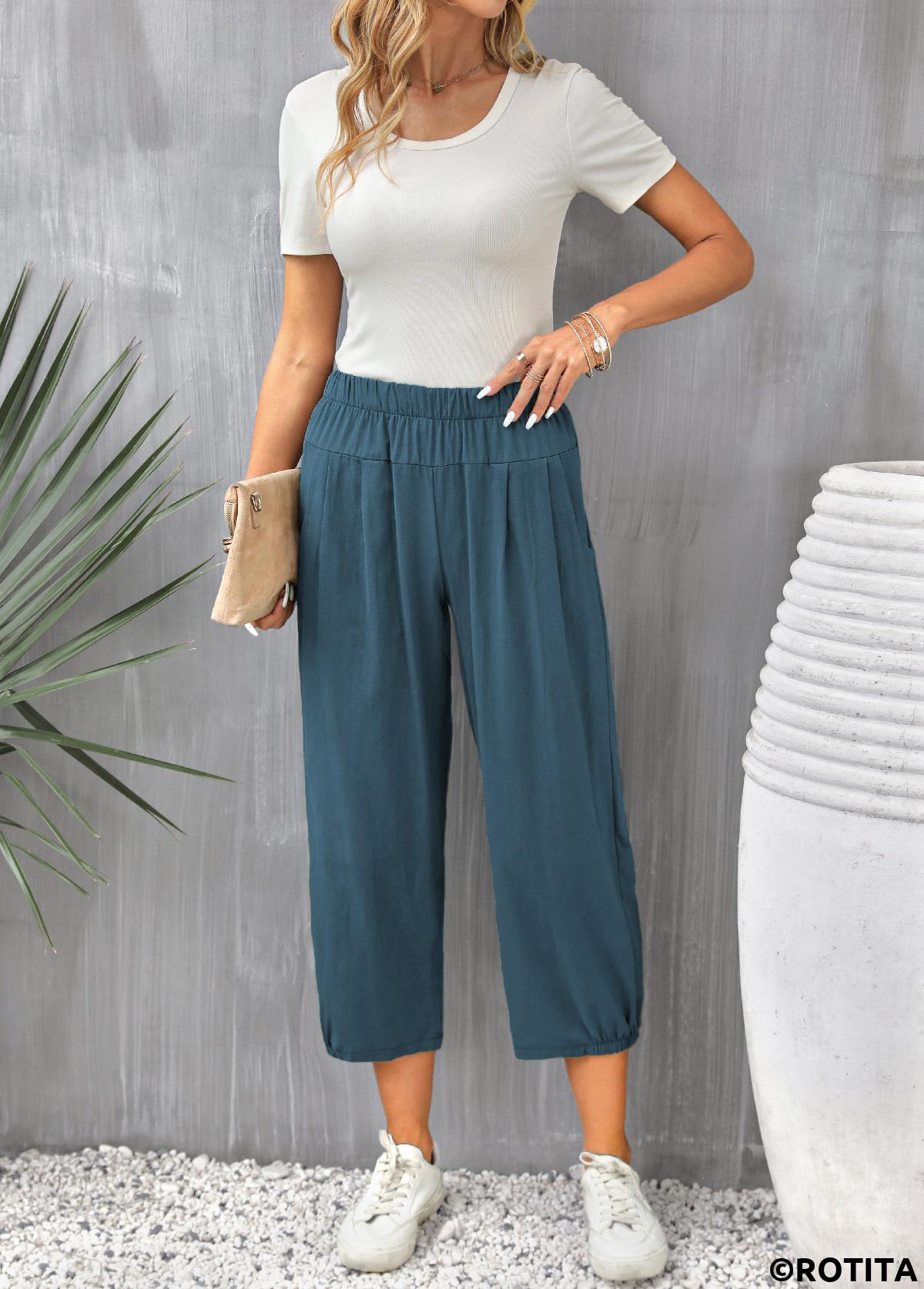 Peacock Blue bottoms,Plain Color bottoms,Pocket Peacock Blue Elastic Waist Pants