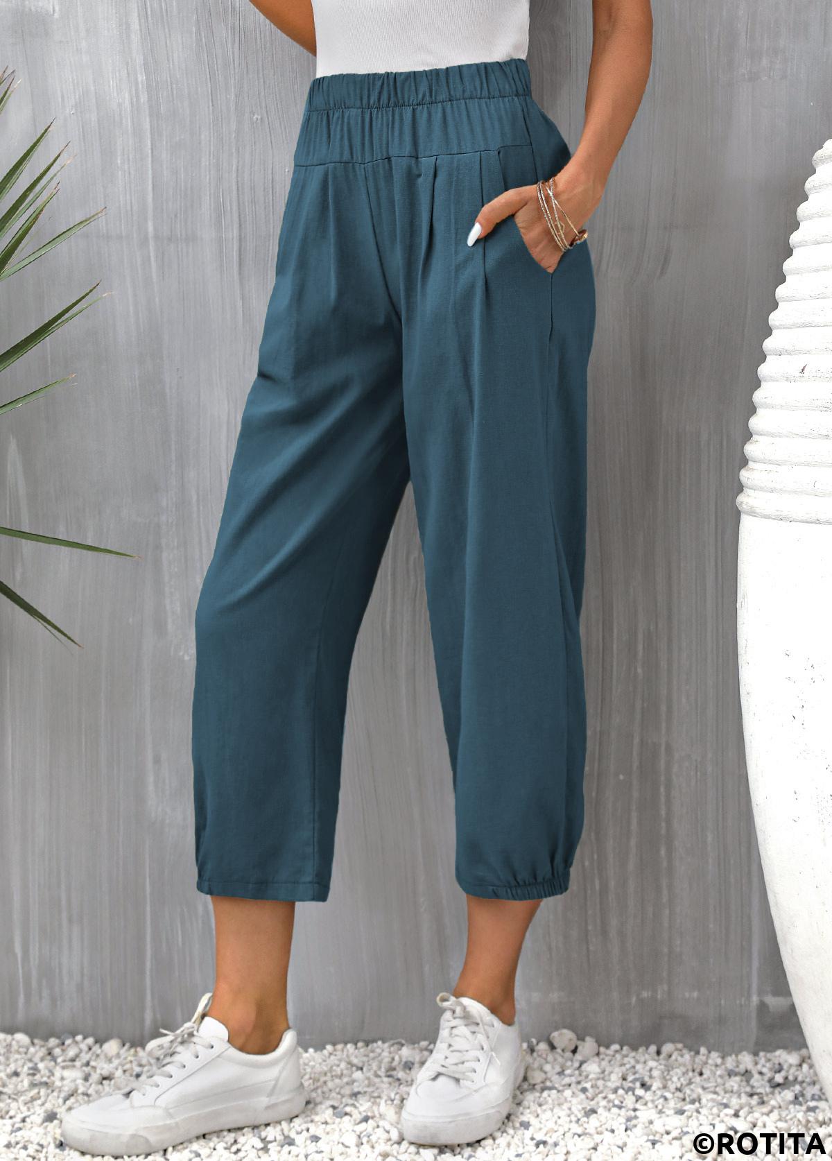 Peacock Blue bottoms,Plain Color bottoms,Pocket Peacock Blue Elastic Waist Pants