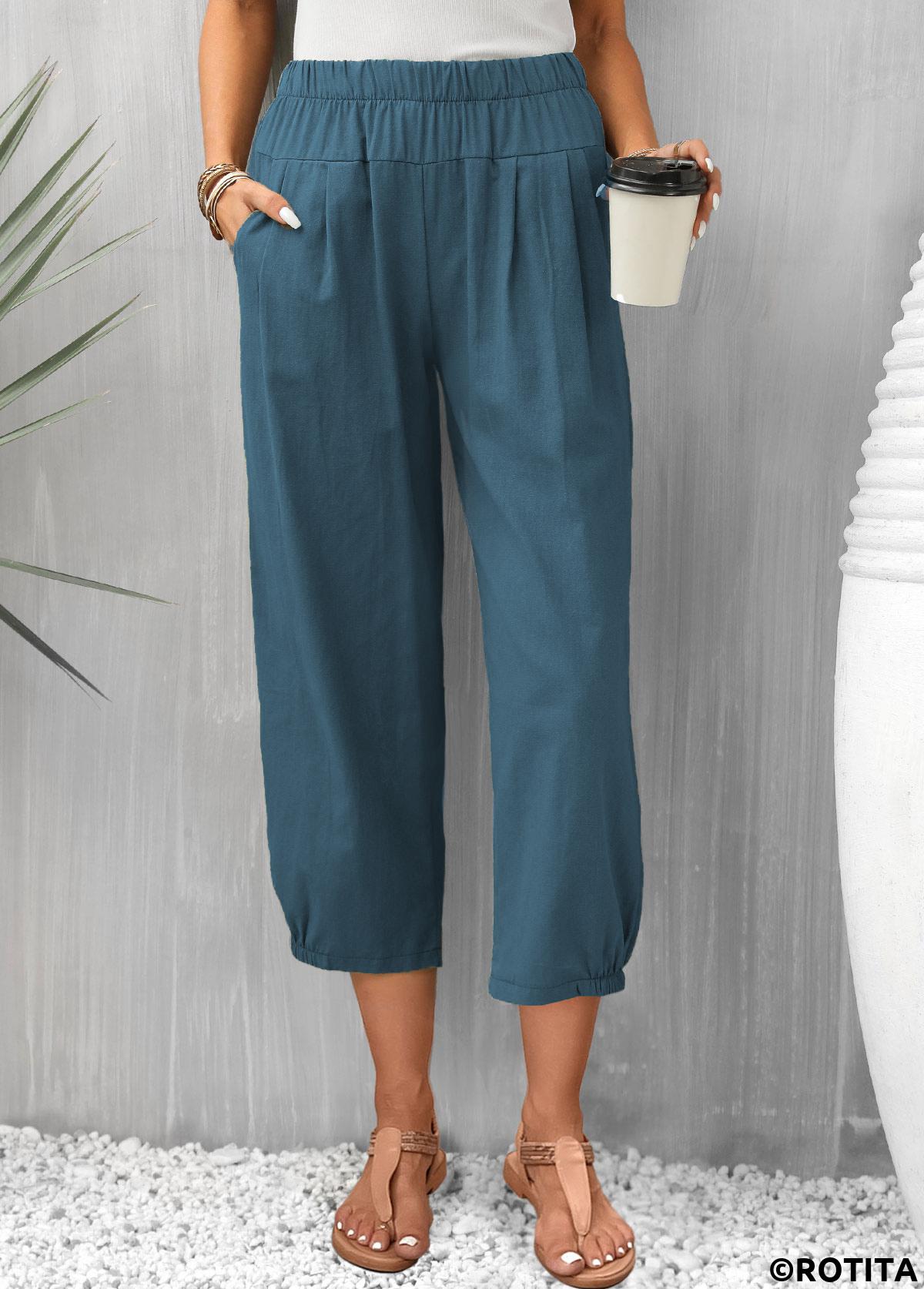 Peacock Blue bottoms,Plain Color bottoms,Pocket Peacock Blue Elastic Waist Pants