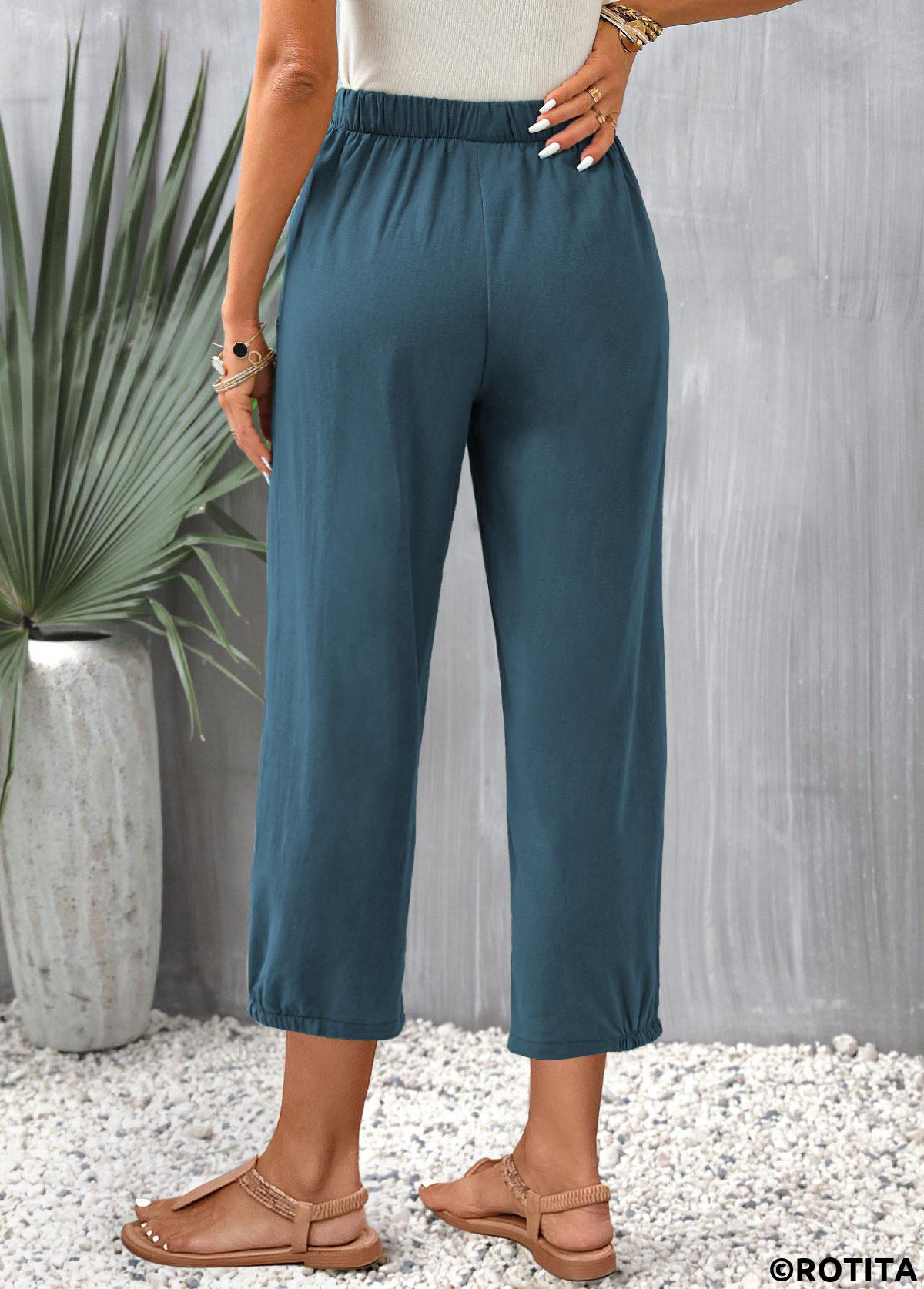 Peacock Blue bottoms,Plain Color bottoms,Pocket Peacock Blue Elastic Waist Pants