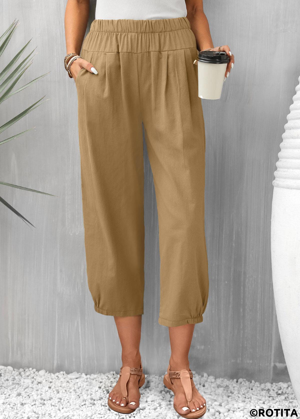 Light Coffee bottoms,Plain Color bottoms,Pocket Light Coffee High Waisted Pants
