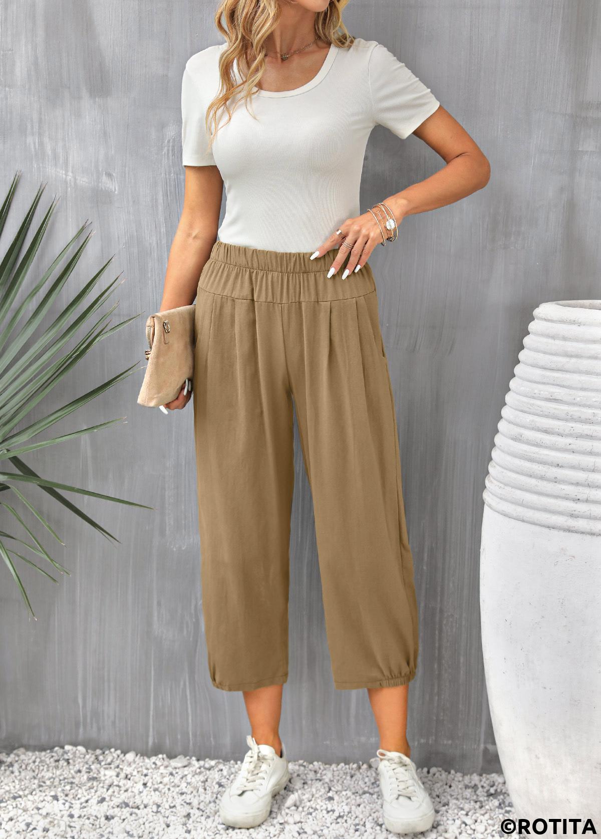 Light Coffee bottoms,Plain Color bottoms,Pocket Light Coffee High Waisted Pants