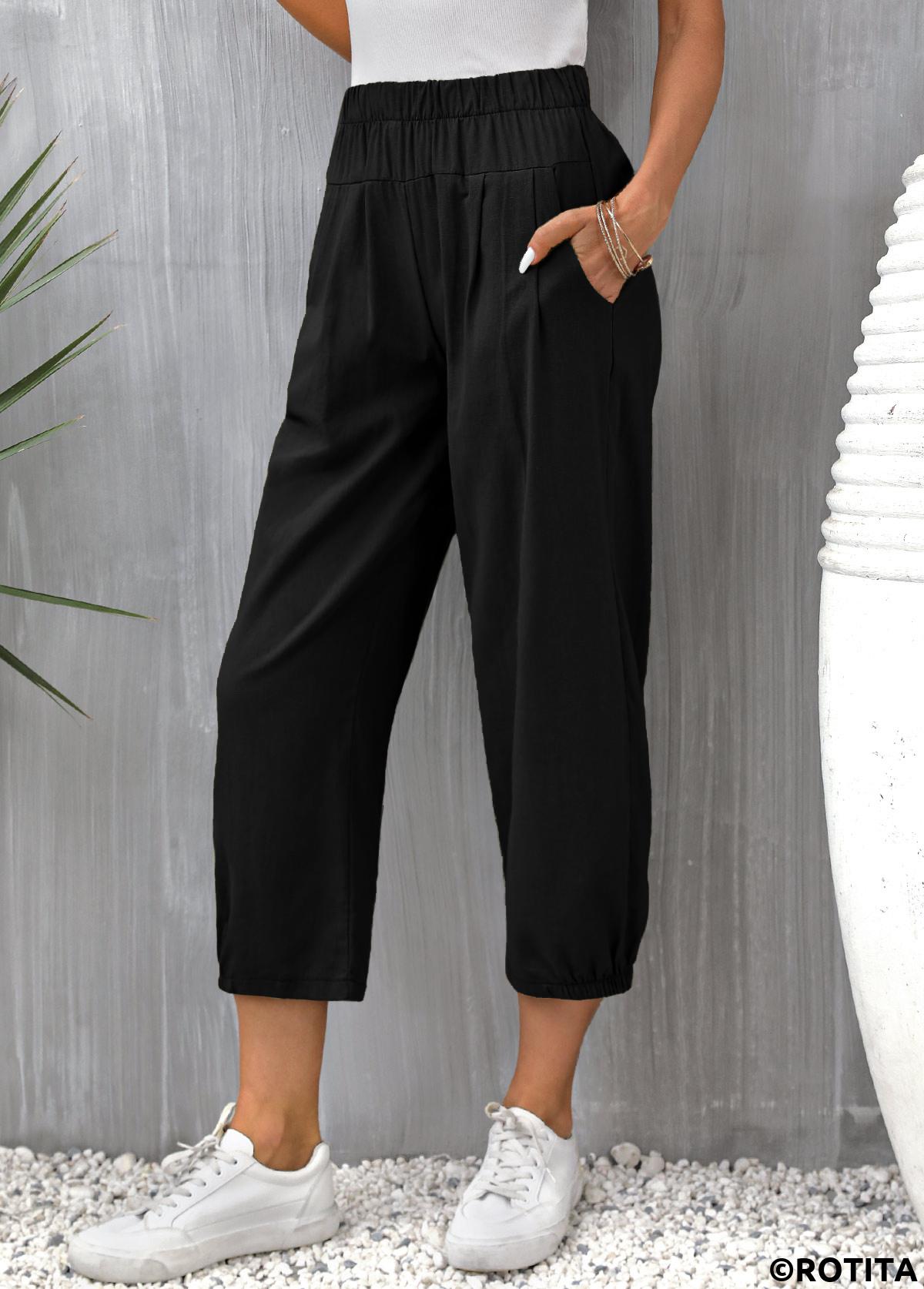 Black bottoms,Plain Color bottoms,Pocket Black Elastic Waist High Waisted Pants