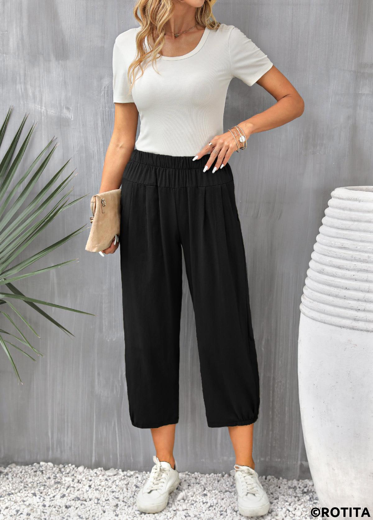 Black bottoms,Plain Color bottoms,Pocket Black Elastic Waist High Waisted Pants