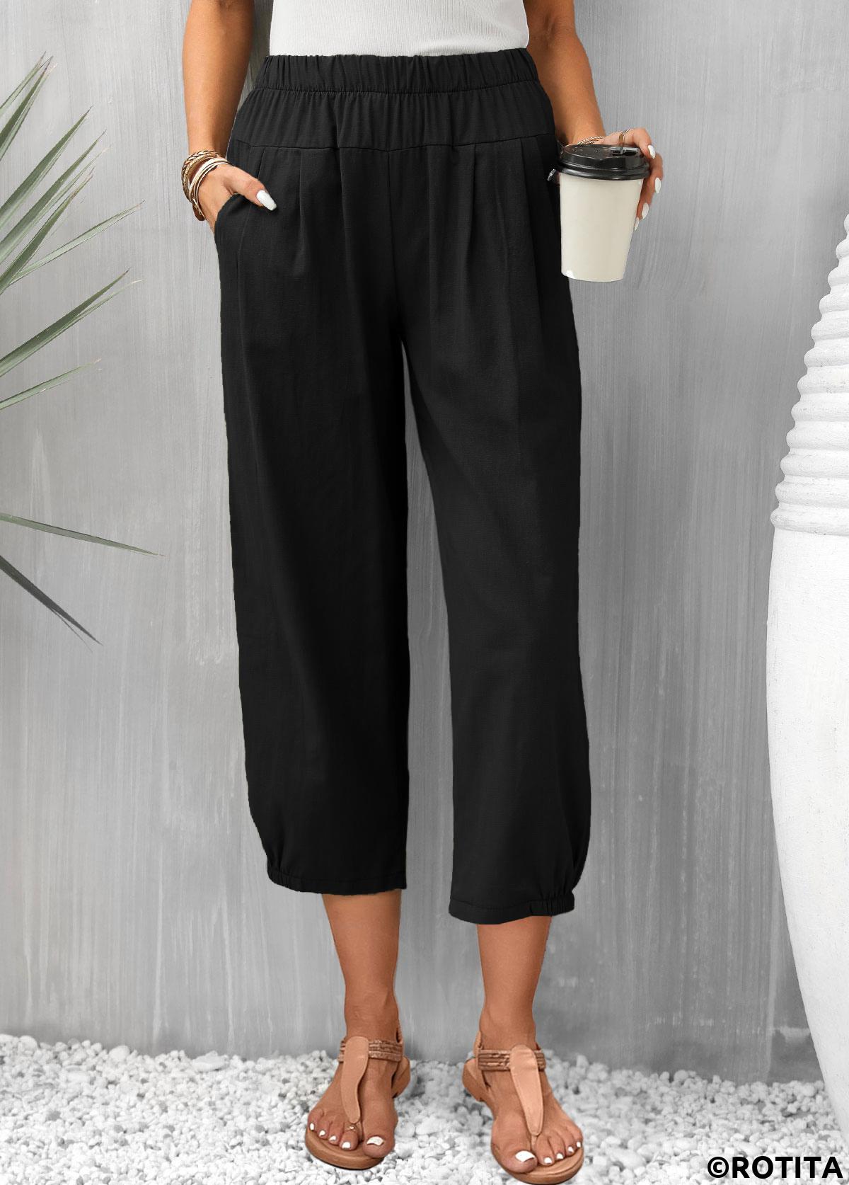 Black bottoms,Plain Color bottoms,Pocket Black Elastic Waist High Waisted Pants
