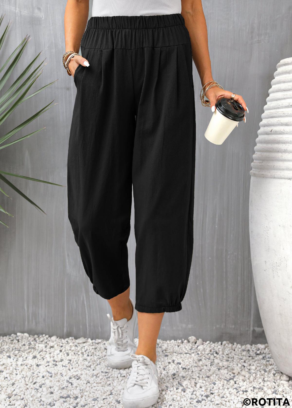 Black bottoms,Plain Color bottoms,Pocket Black Elastic Waist High Waisted Pants