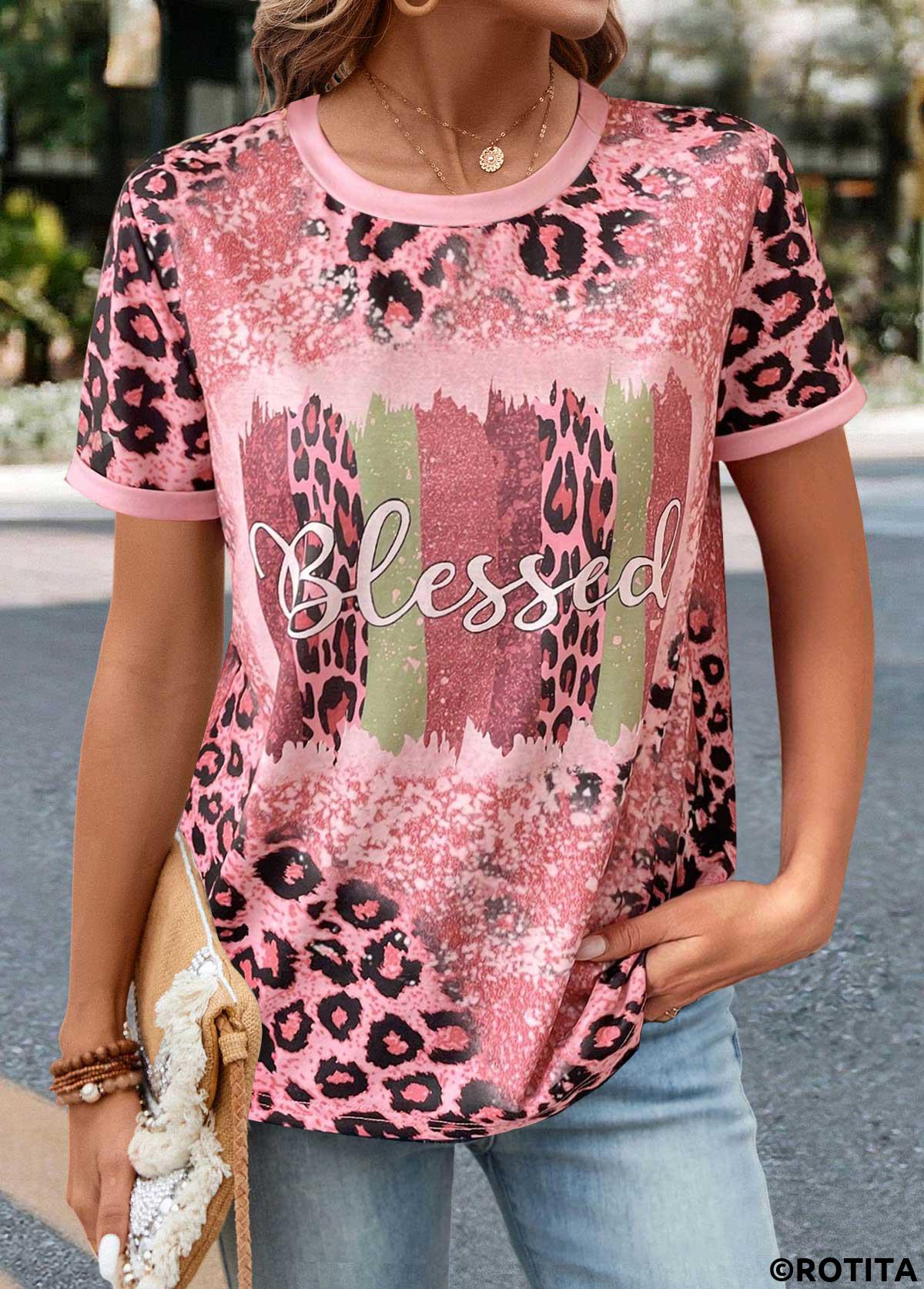 Pink tops,Leopard tops,Letter tops,Geometric tops,ROTITA Patchwork Leopard Pink Round Neck T Shirt