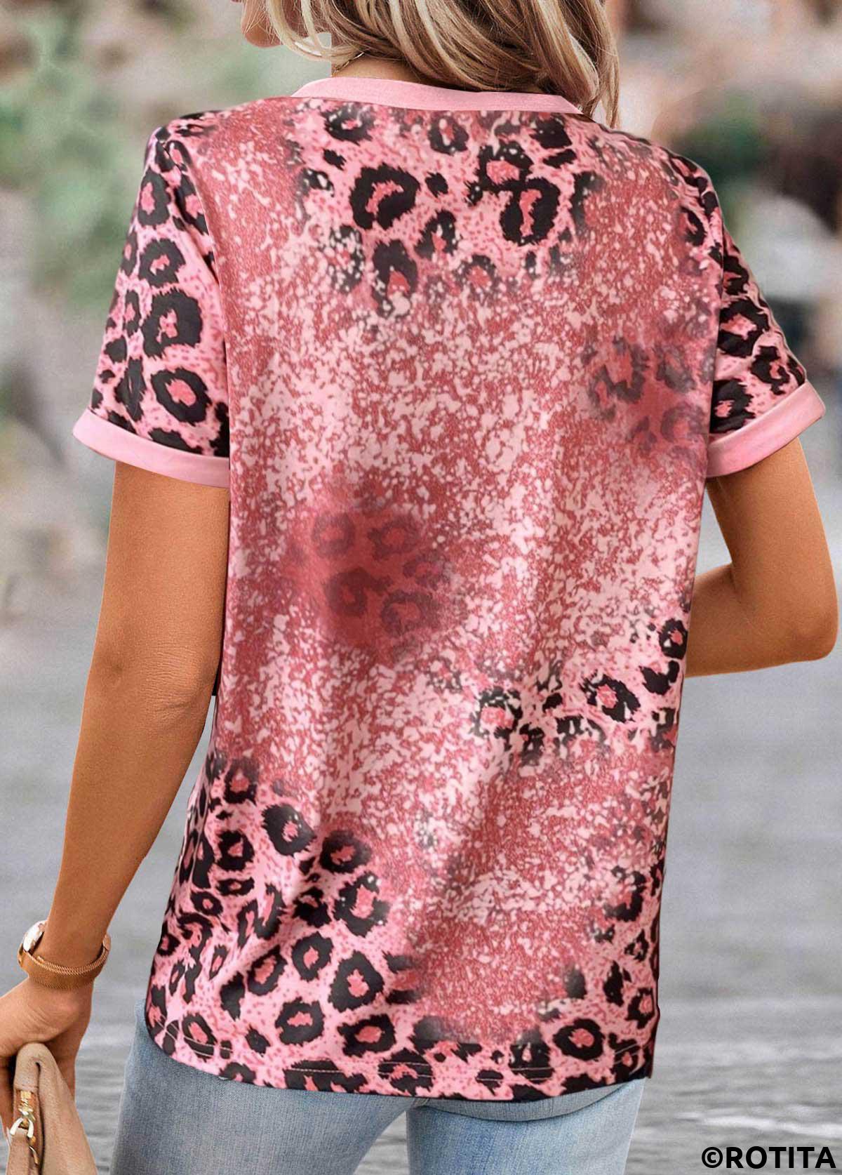Pink tops,Leopard tops,Letter tops,Geometric tops,ROTITA Patchwork Leopard Pink Round Neck T Shirt
