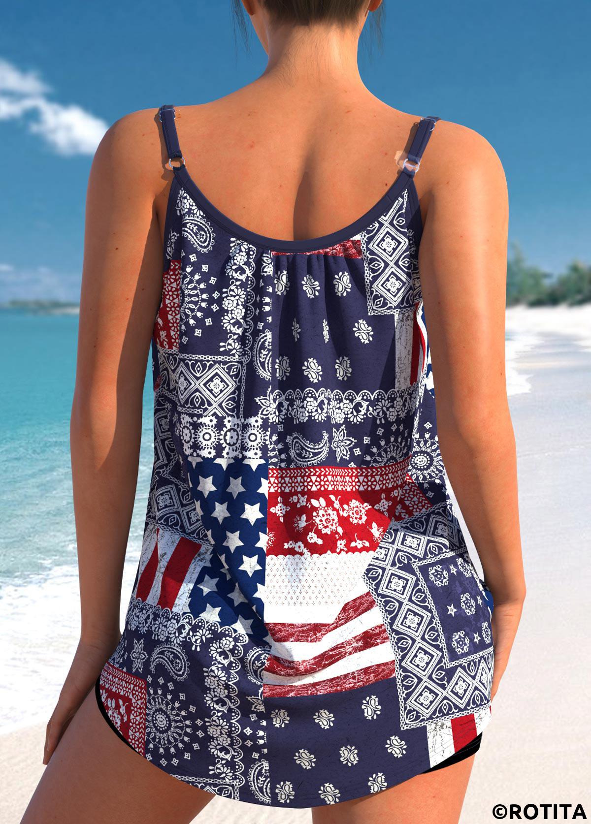 Multi Color swimwear,Flag swimwear,Striped swimwear,Geometric swimwear,Paisley swimwear,ROTITA Patchwork Multi Color American Flag Print Tankini Top