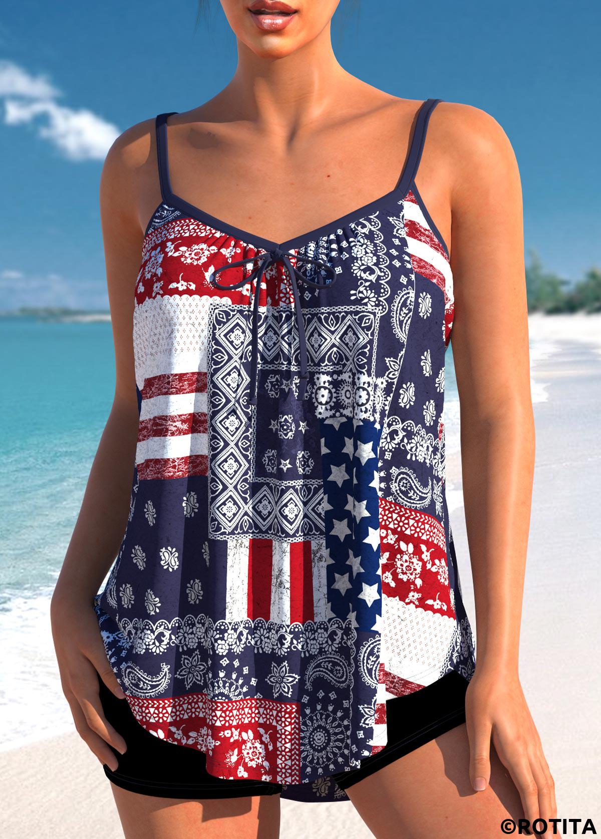 Multi Color swimwear,Flag swimwear,Striped swimwear,Geometric swimwear,Paisley swimwear,ROTITA Patchwork Multi Color American Flag Print Tankini Top