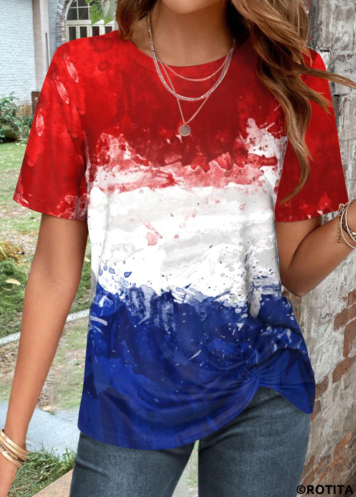 Multi Color tops,Rainbow Color tops,Flag tops,ROTITA Twist Flag Print Multi Color T Shirt
